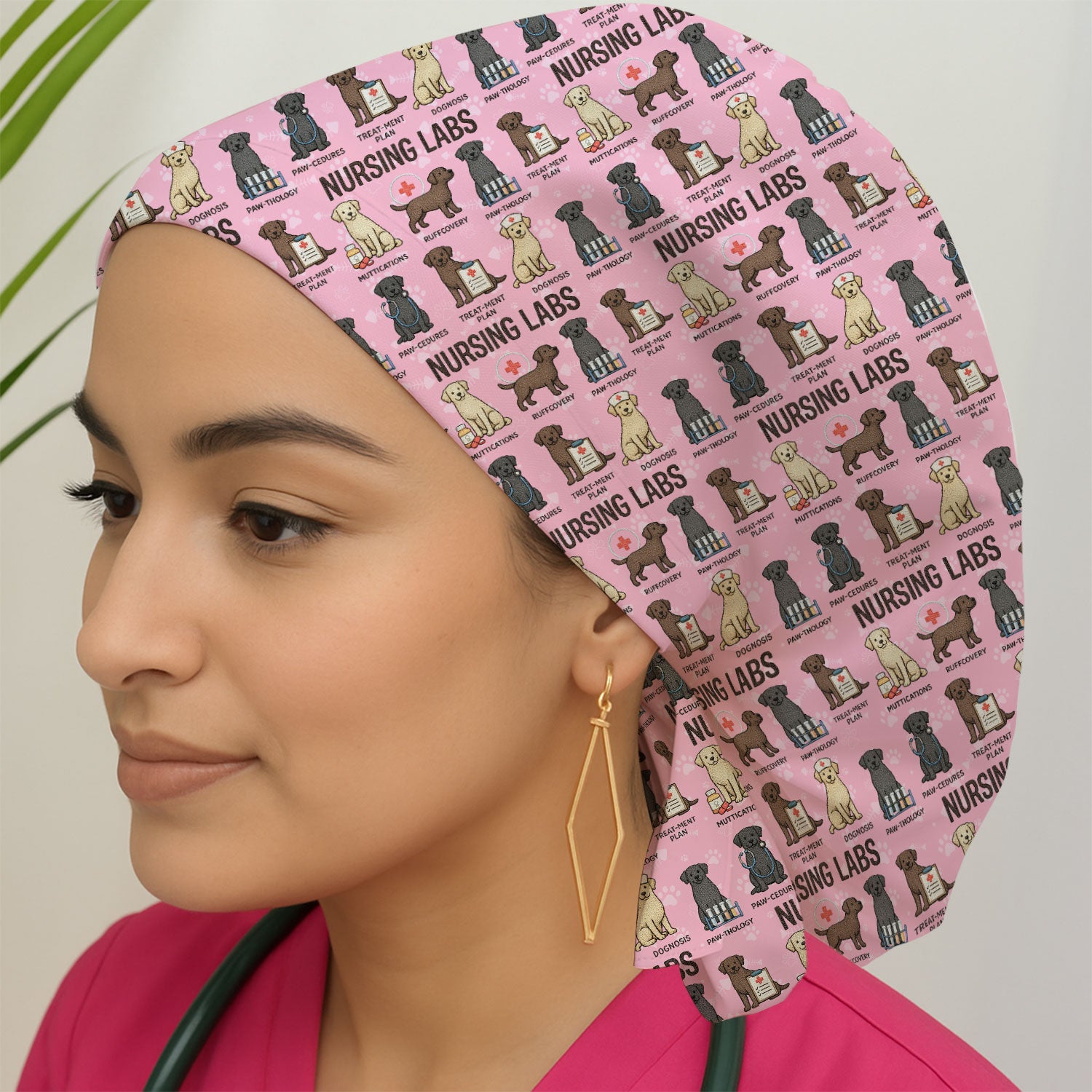 Playful Nursing Labs Dog Pattern Cap, Bouffant Scrub Caps for Women