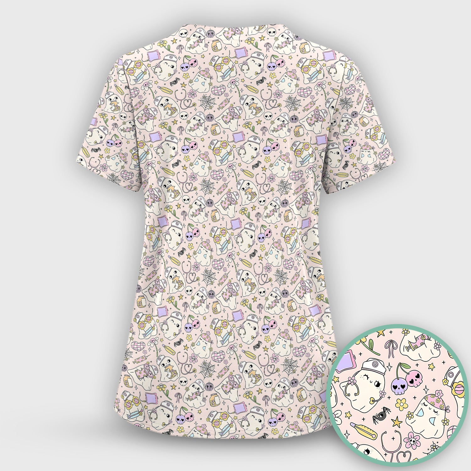 Cute Halloween Nurse Ghosts Pattern Scrub Top, Comfortable Scrubs for Nurses