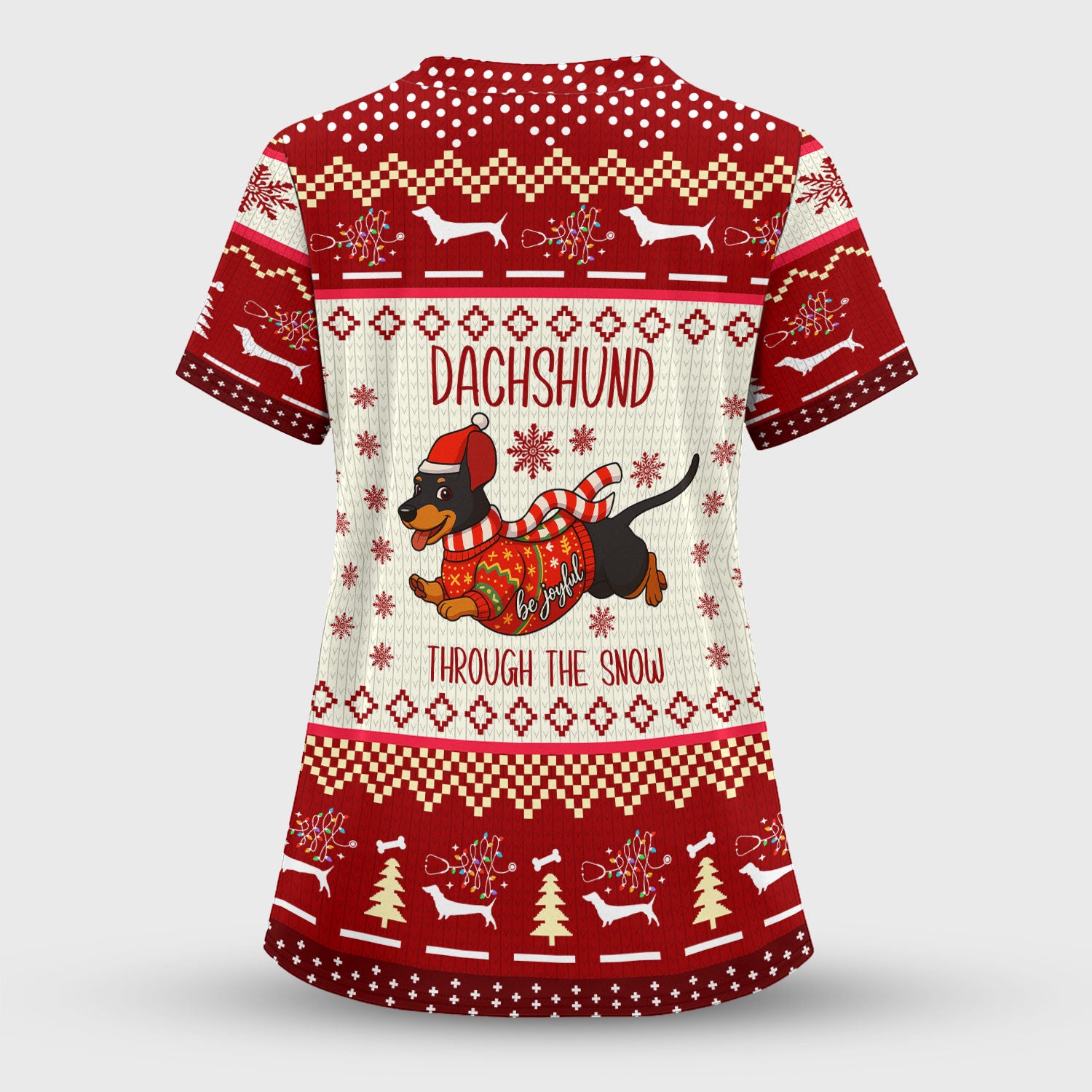 Wiener Dog Through The Snow Christmas Scrub Top - Cute Dachshund Nurse Shirt - Funny Holiday Medical Uniform