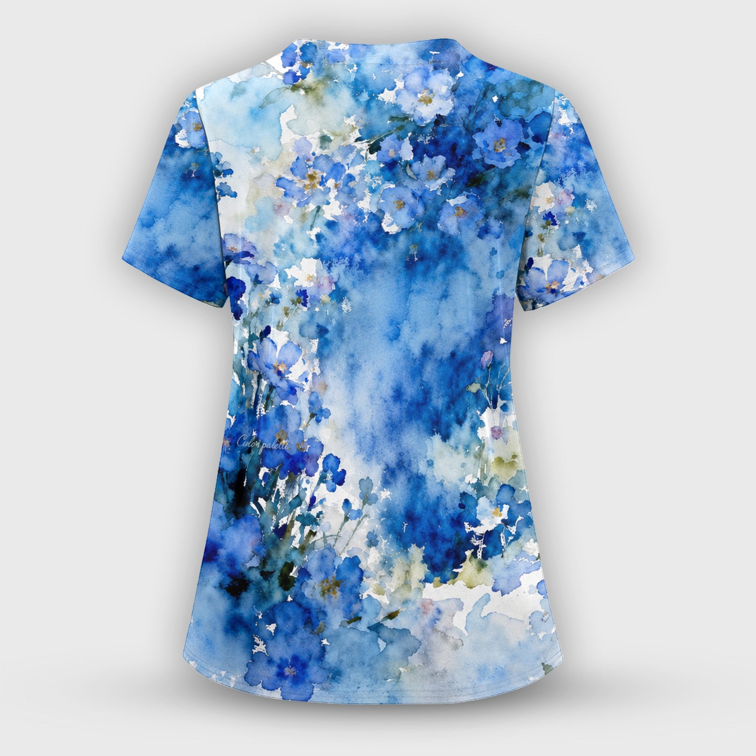 Adorable Blue Floral White Cat Pattern Scrub Top, Comfortable Scrubs for Nurses