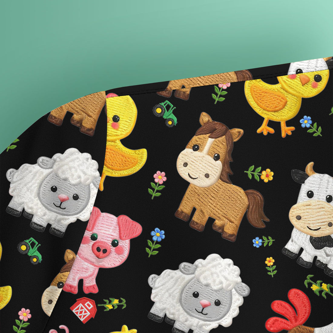 Cartoon Farm Animal Pattern Scrub Top, Breathable Fabrics Nursing Uniform