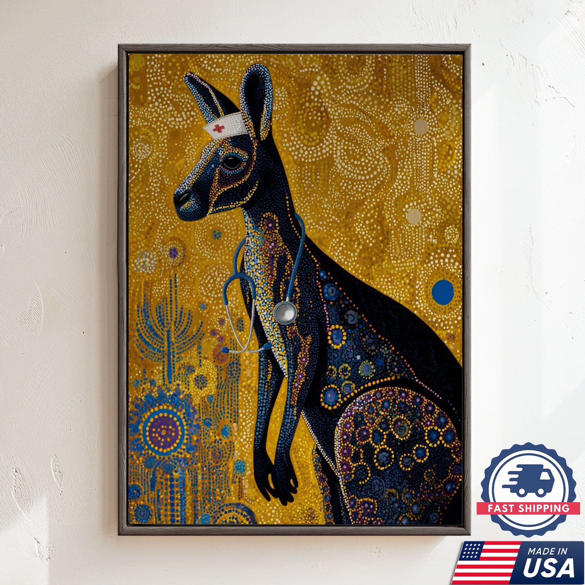 Aboriginal Style Kangaroo Canvas, Kangaroo Nurse Dot Art Poster, Australian Wildlife Decor For Nursing