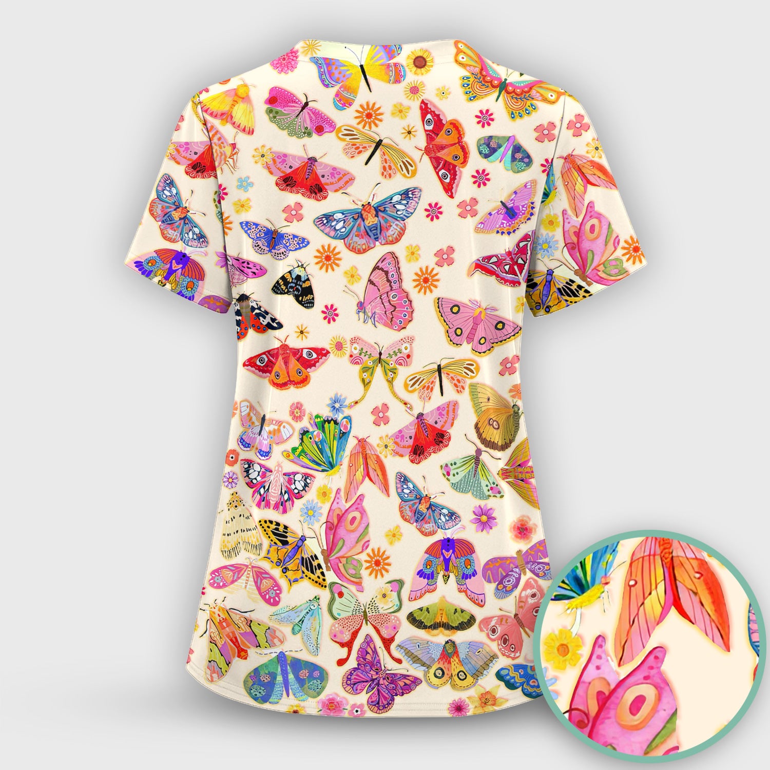 Colorful Butterfly Floral Pattern Scrub Top, Comfortable Scrubs for Nurses