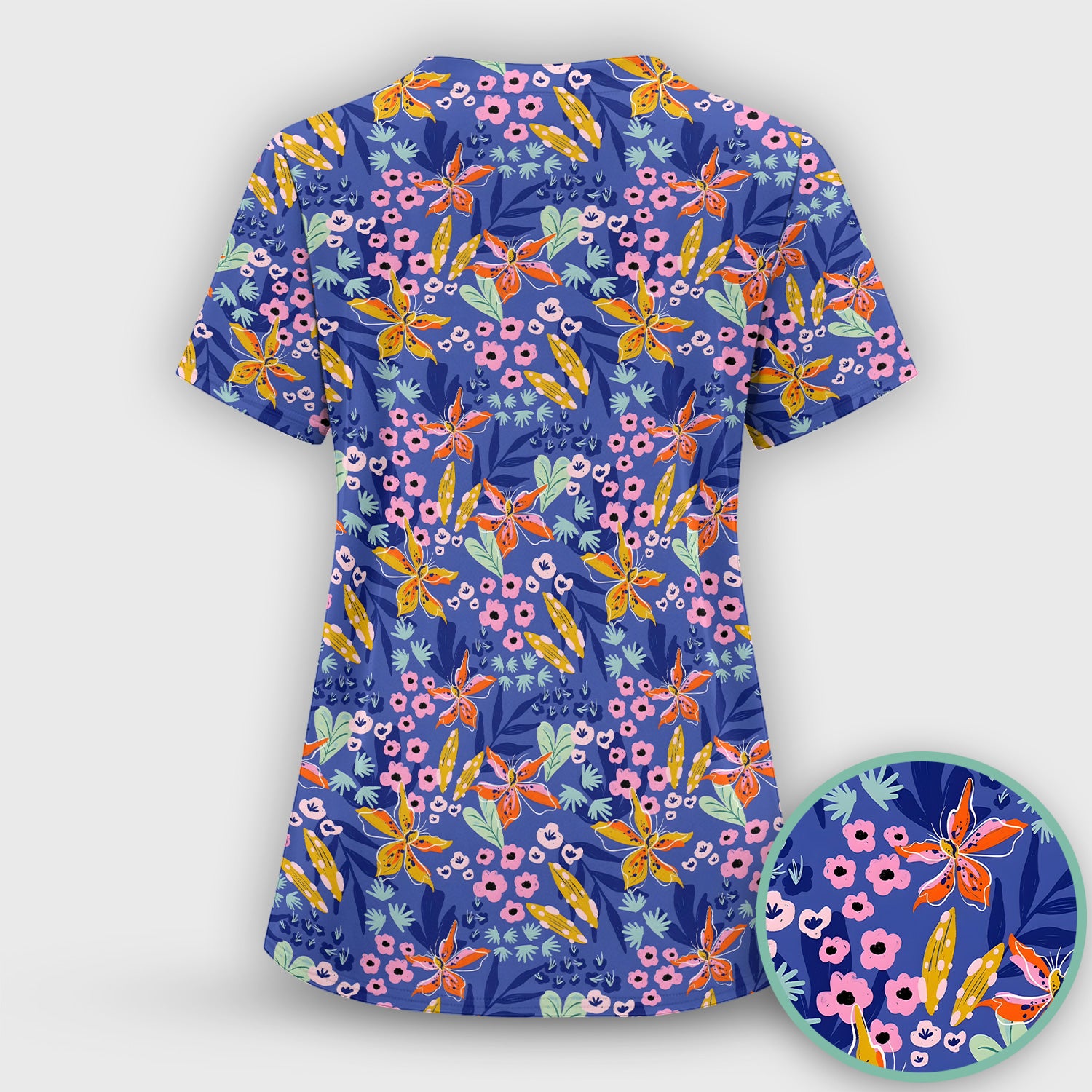 Nurse Blue Lily Floral Garden Pattern Scrub Set, Scrub Pants and V Neck Top
