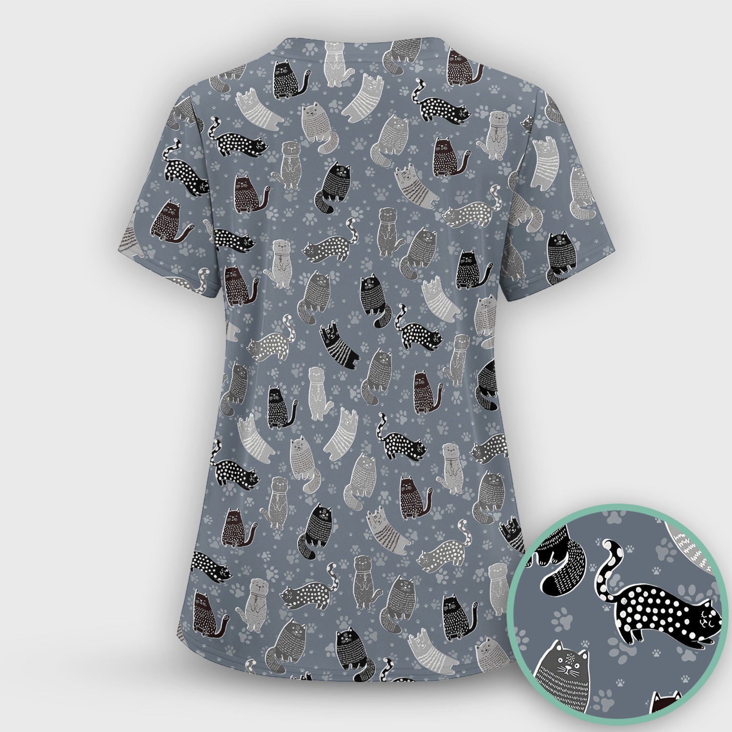 Cute Cat and Paw Print Pattern Scrub Top, Breathable Fabrics Nursing Uniform