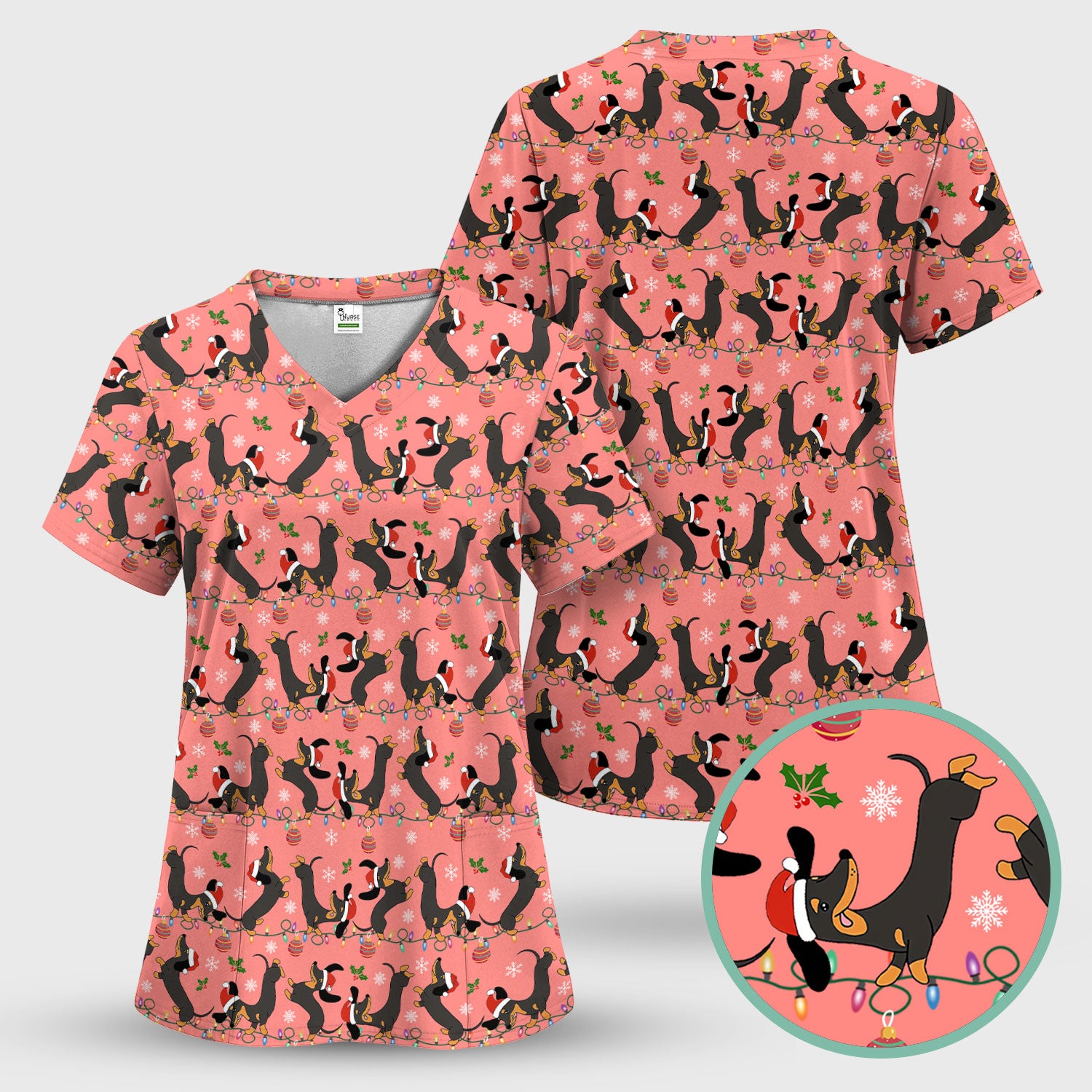 Festive Dachshund Christmas Scrub Top - Adorable Holiday Wiener Dog Nurse Shirt for Women - Cute Medical Uniform for RN CNA LPN