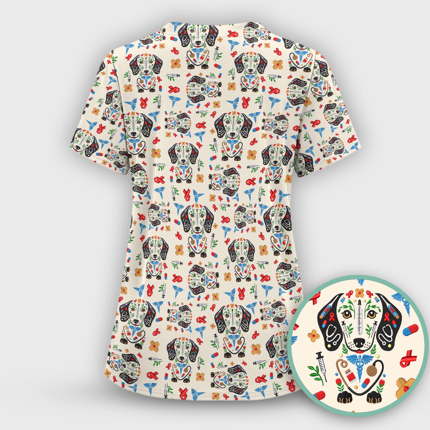 Dachshund Medical Icon Pattern Scrub Top, Comfortable Scrubs for Nurses