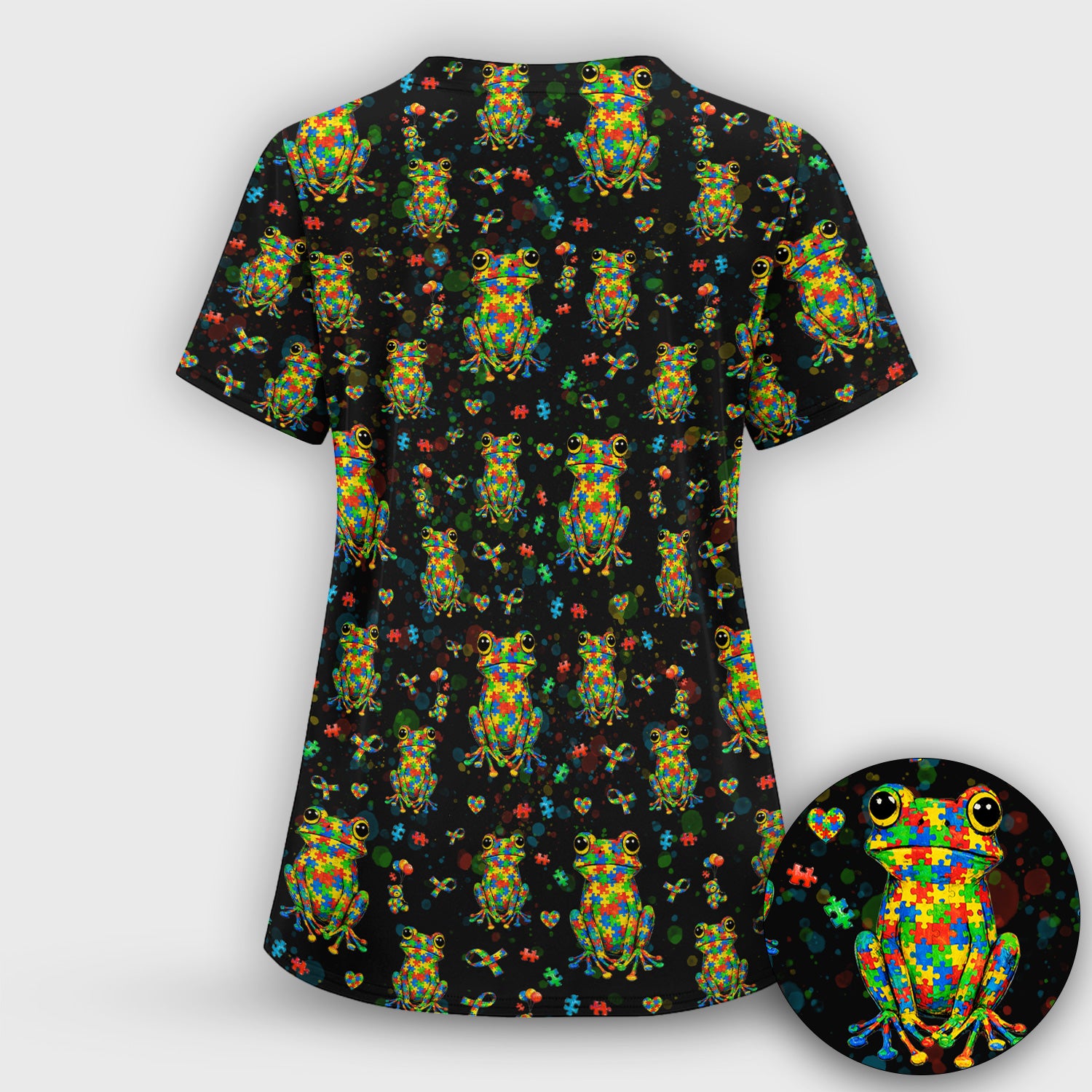 Colorful Autism Puzzle Frog Pattern Scrubs Top, Comfortable Scrubs for Nurses