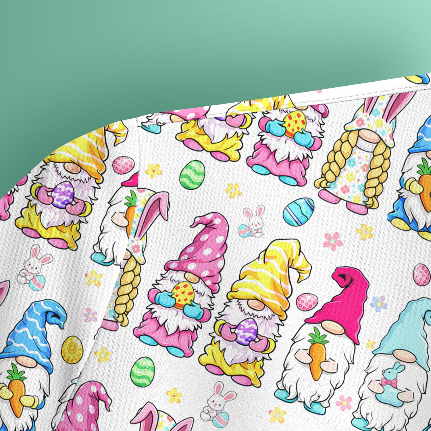 Colorful Easter Gnome Bunny Eggs Print Scrub Top, Comfortable Scrubs for Nurses