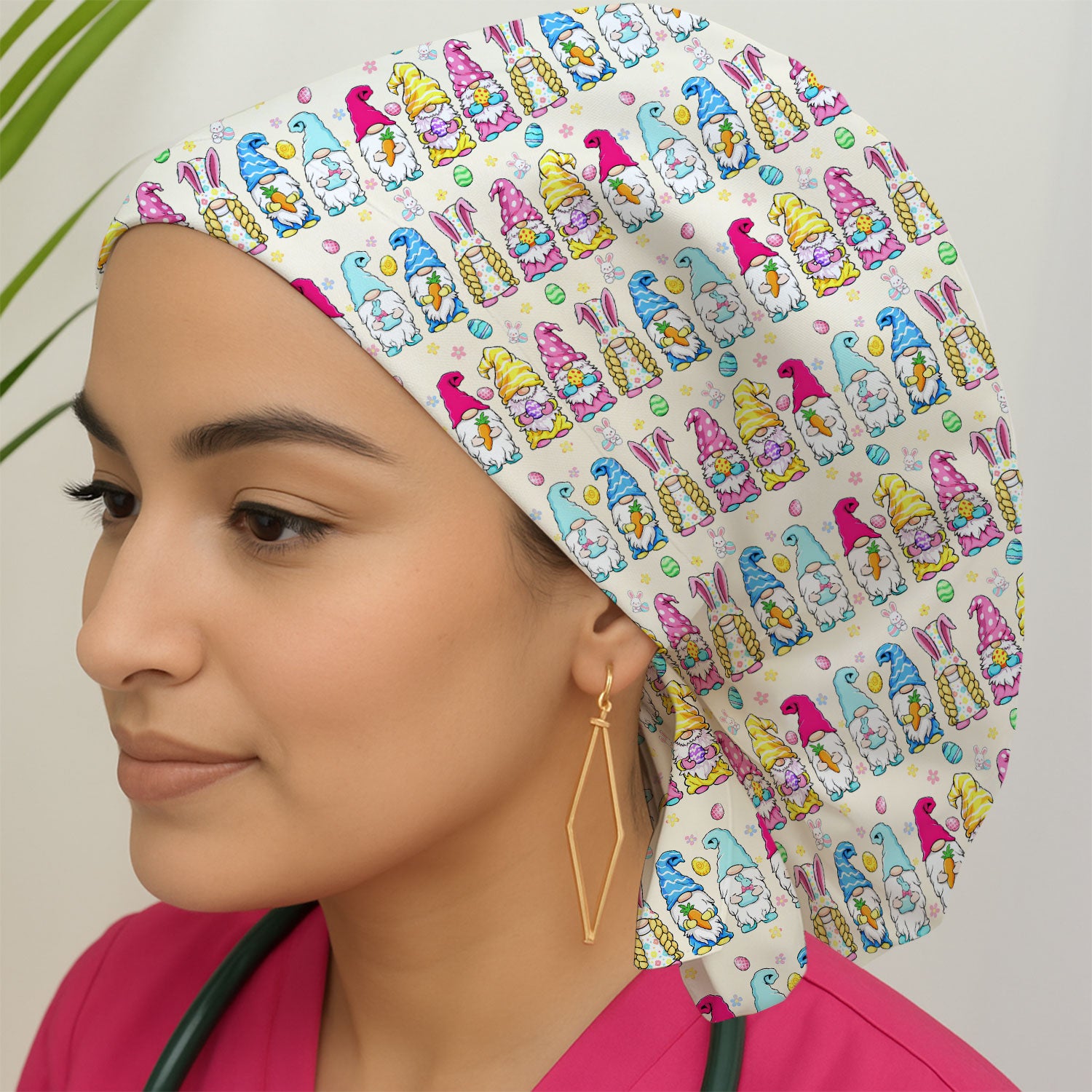 Colorful Easter Gnome Bunny Eggs Pattern Cap, Bouffant Scrub Caps for Women