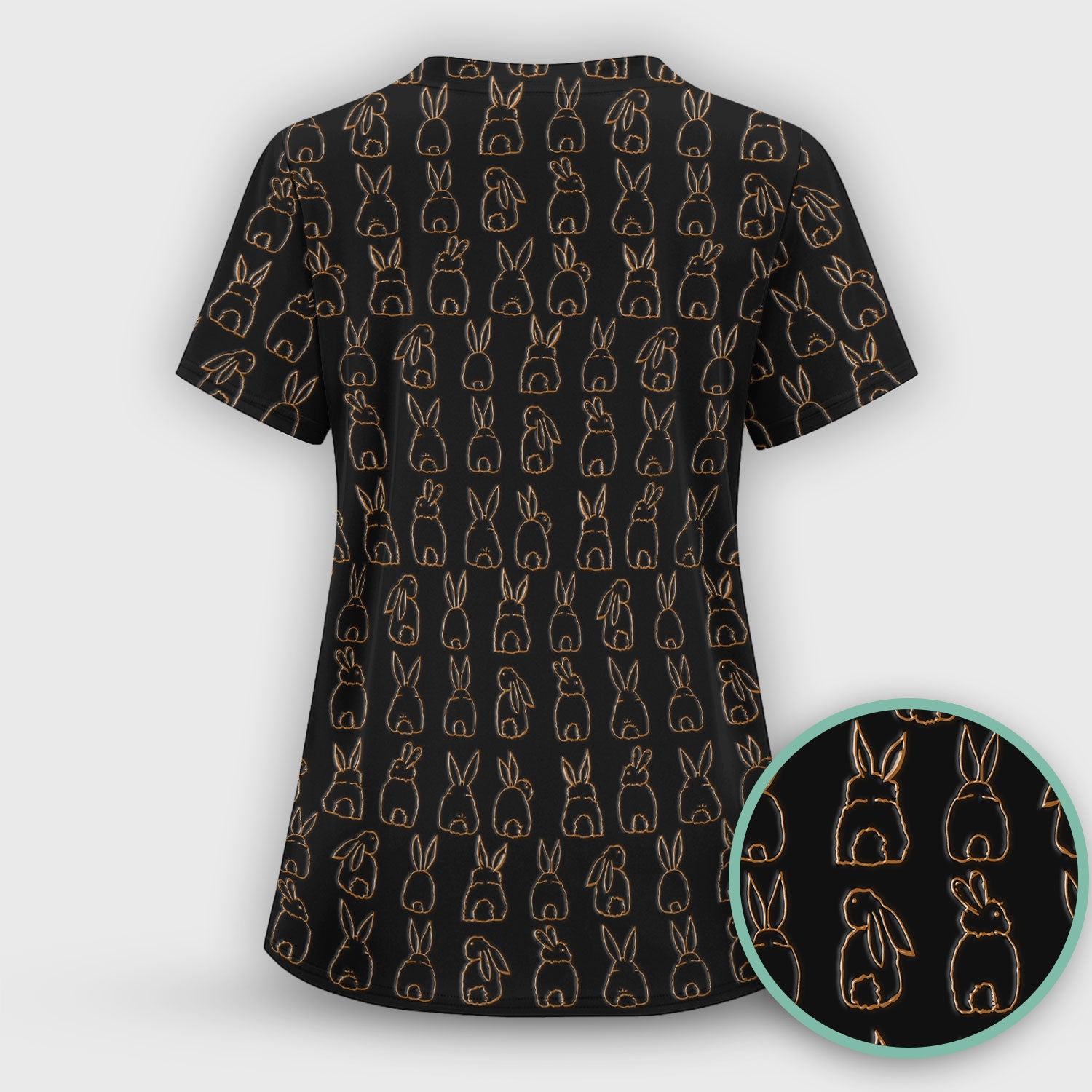 Cartoon Bunny Line Art Pattern Medical Scrub Top, Comfortable Scrubs for Nurses, Easter