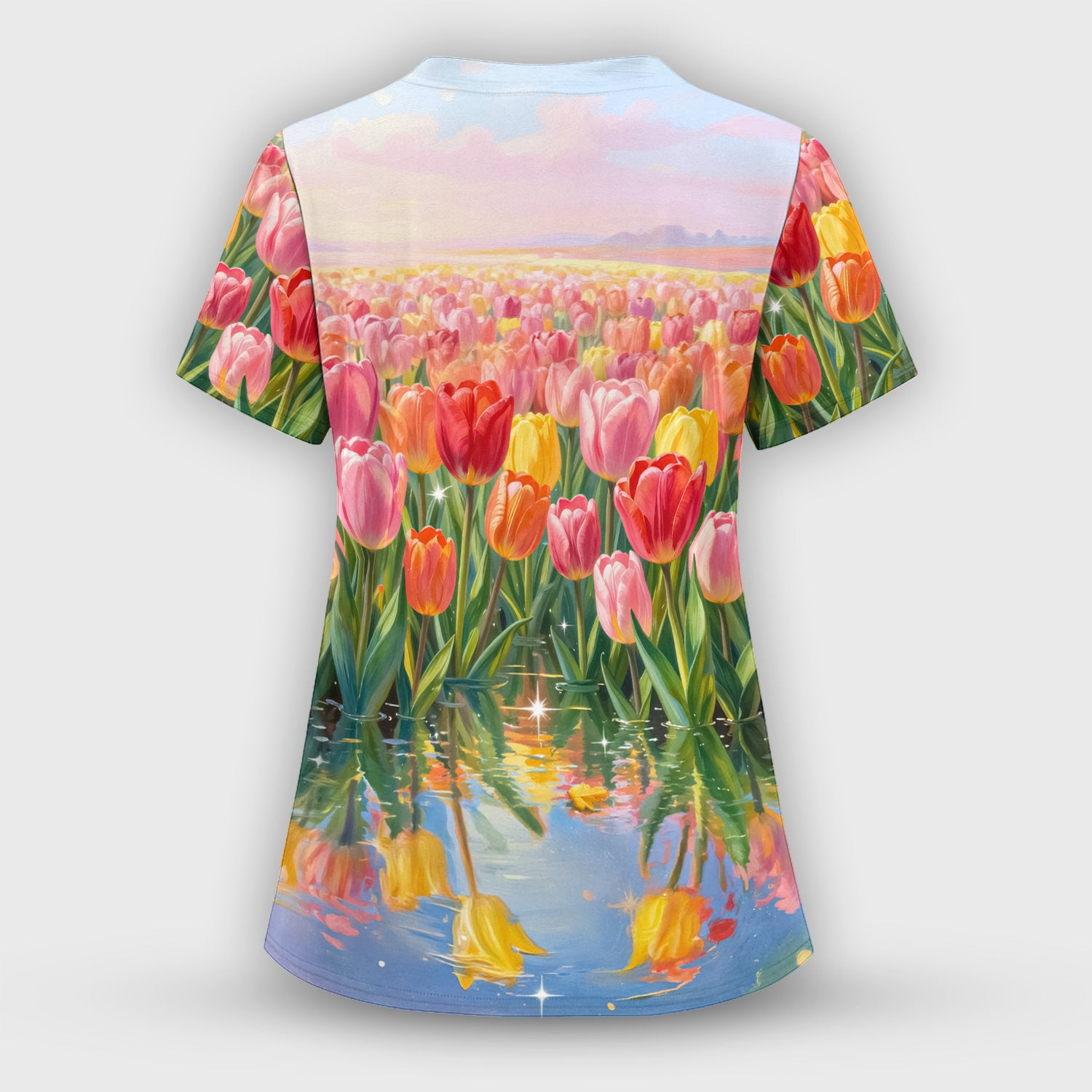 Sleeping Black Cat In Tulip Flower Field Scrub Set, Scrub Pants and V Neck Top