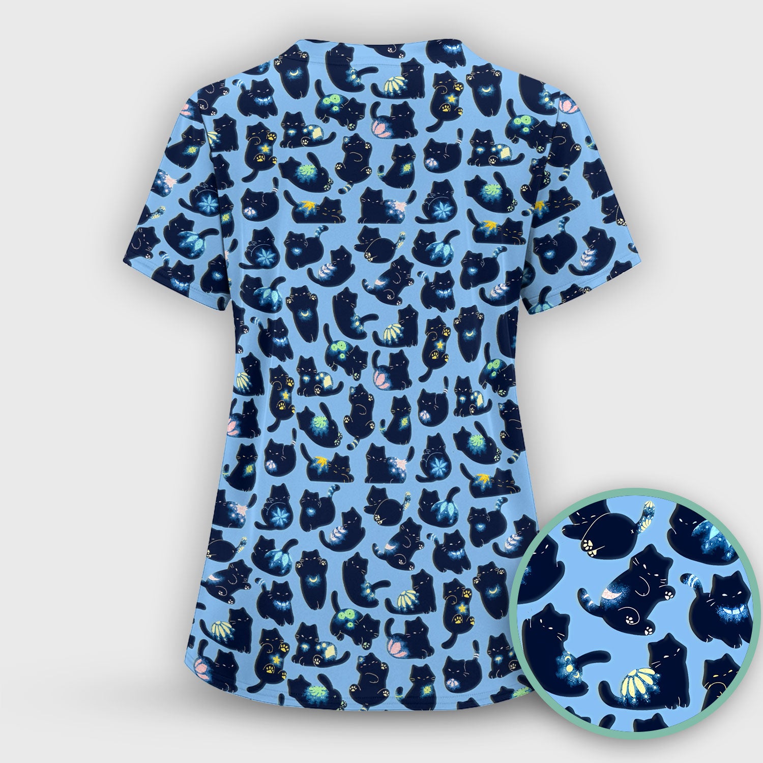 Midnight Cat Scrub Top, Black Cat Pattern Nurse Shirt, Breathable Fabrics Nursing Uniform