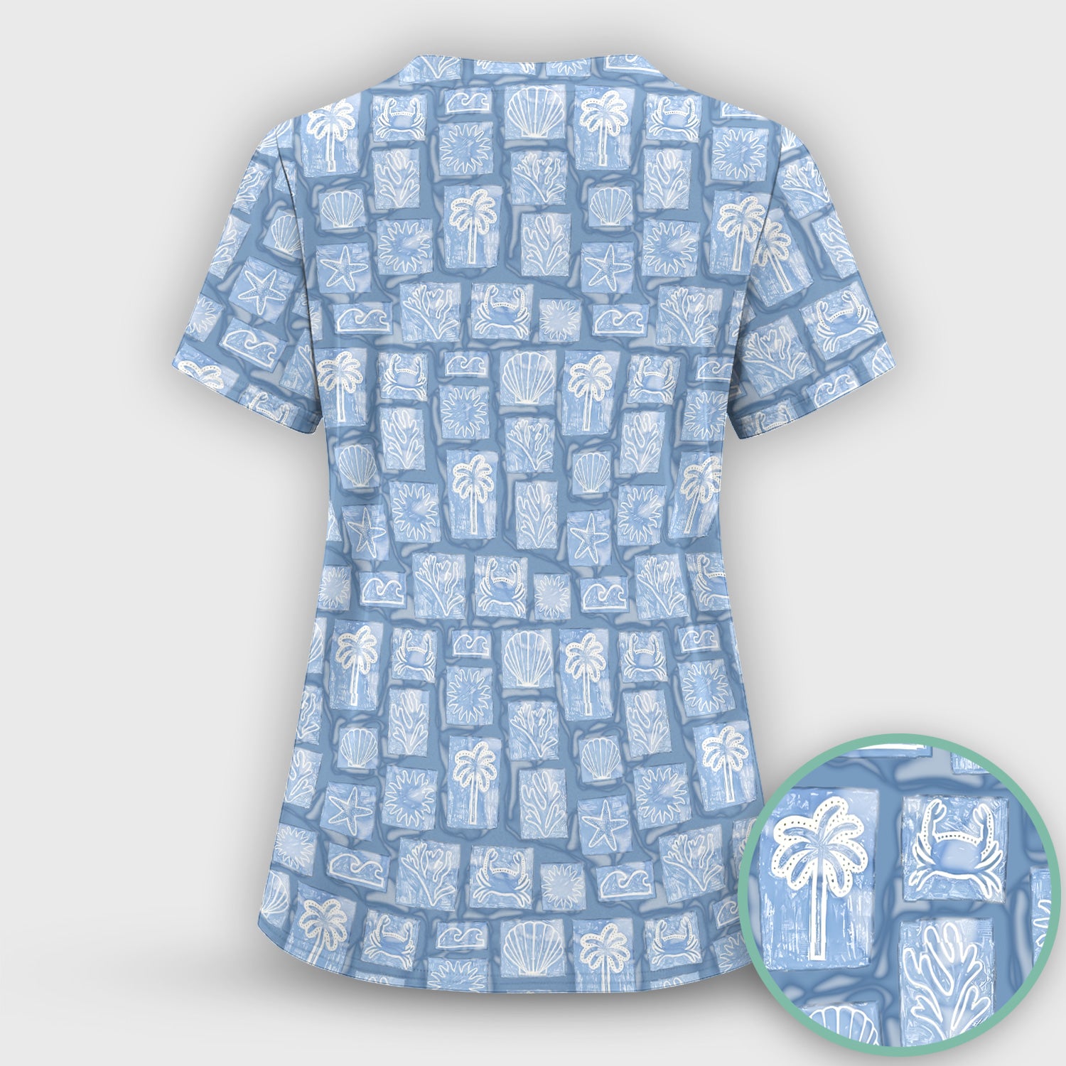Cute Coastal Seashell Starfish Nurse Pattern Scrub Set, Scrub Pants and V Neck Top