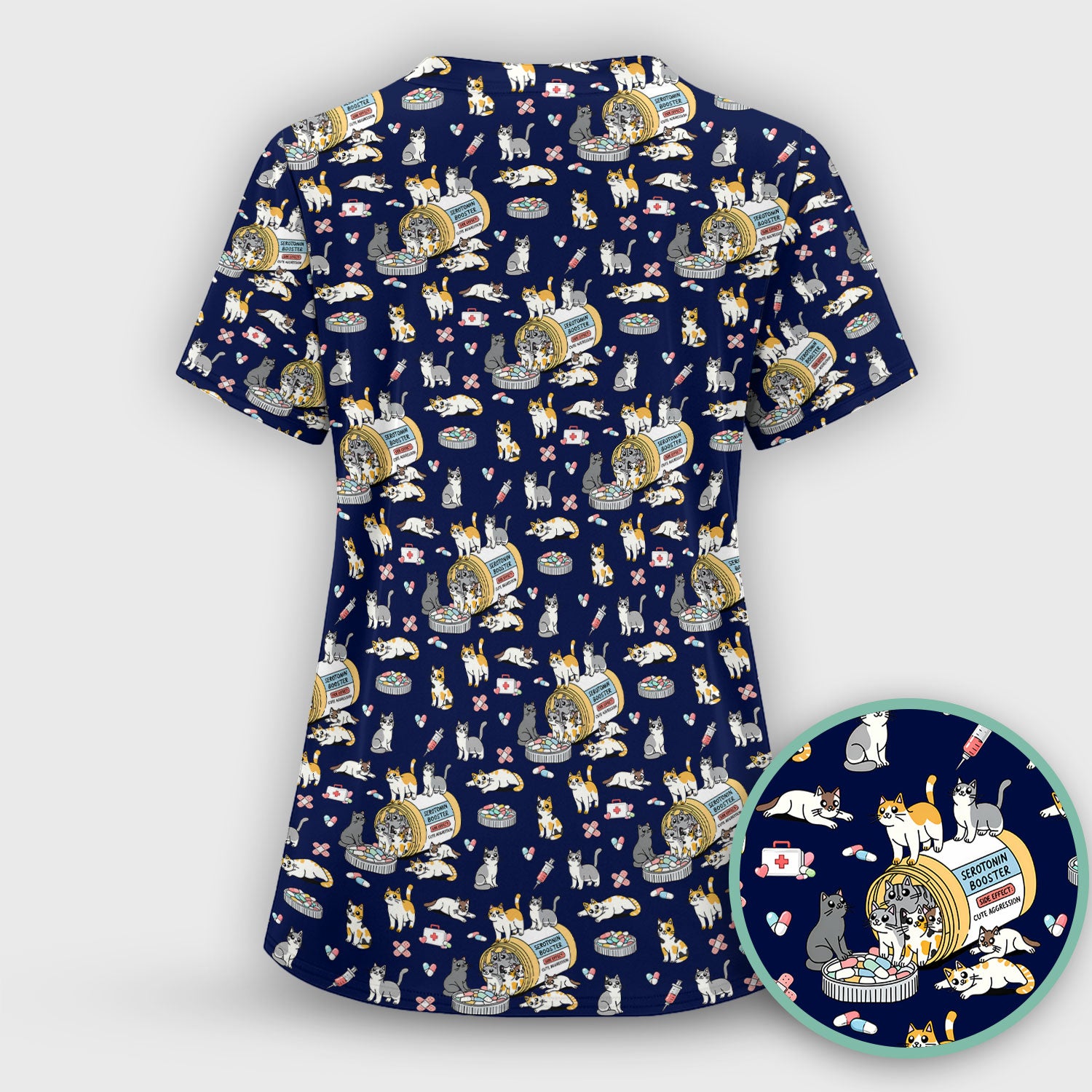 Cute Cat Serotonin Booster Pattern Scrub Top, Comfortable Scrubs for Nurses