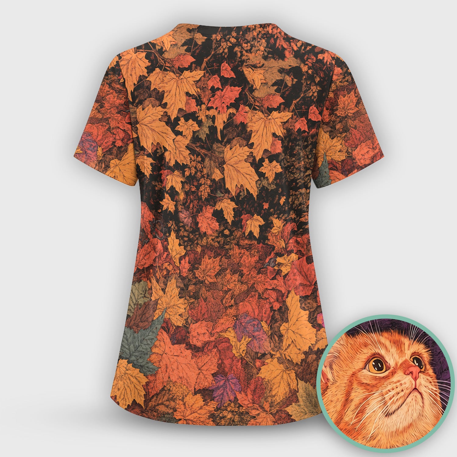 Autumn Cat with Fall Leaves Scrub Top, Comfortable Scrubs for Nurses