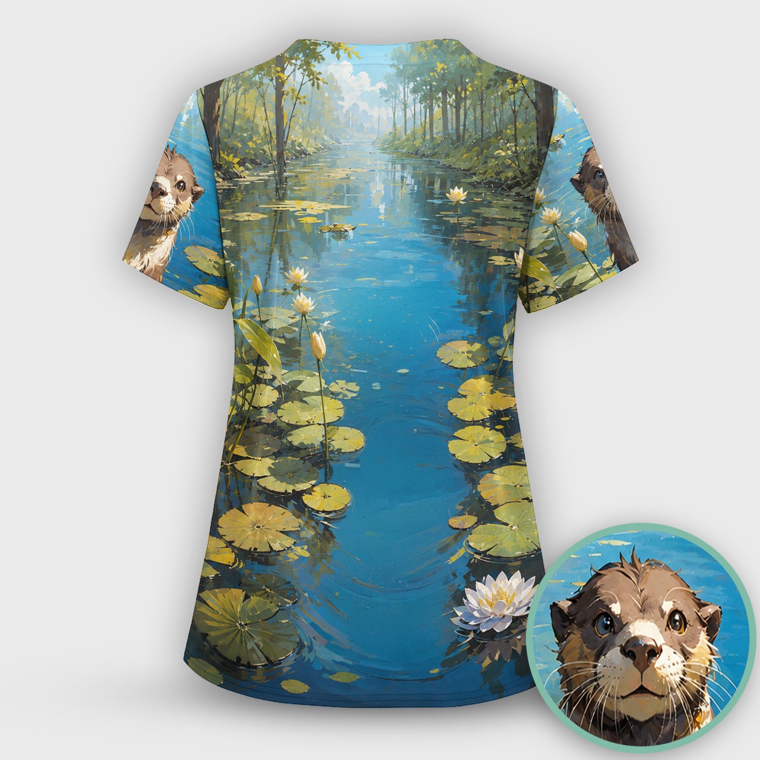 Cute Otter Pond Pattern Scrub Top, Comfortable Scrubs for Nurses