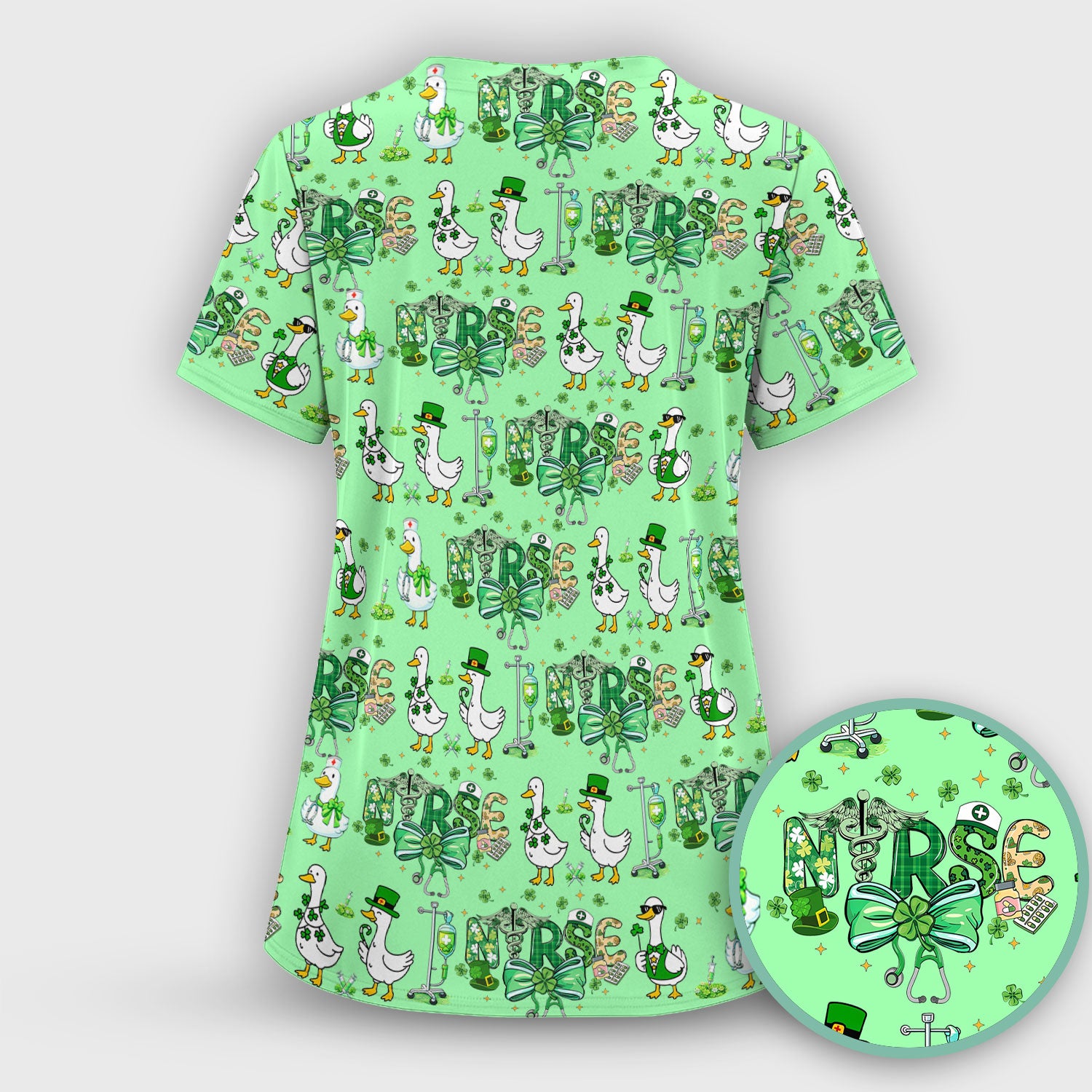 Funny Goose Nurse Shamrock Scrub Top, St. Patrick’s Day Nurse Pattern Shirt, Breathable Fabrics Nursing Uniform