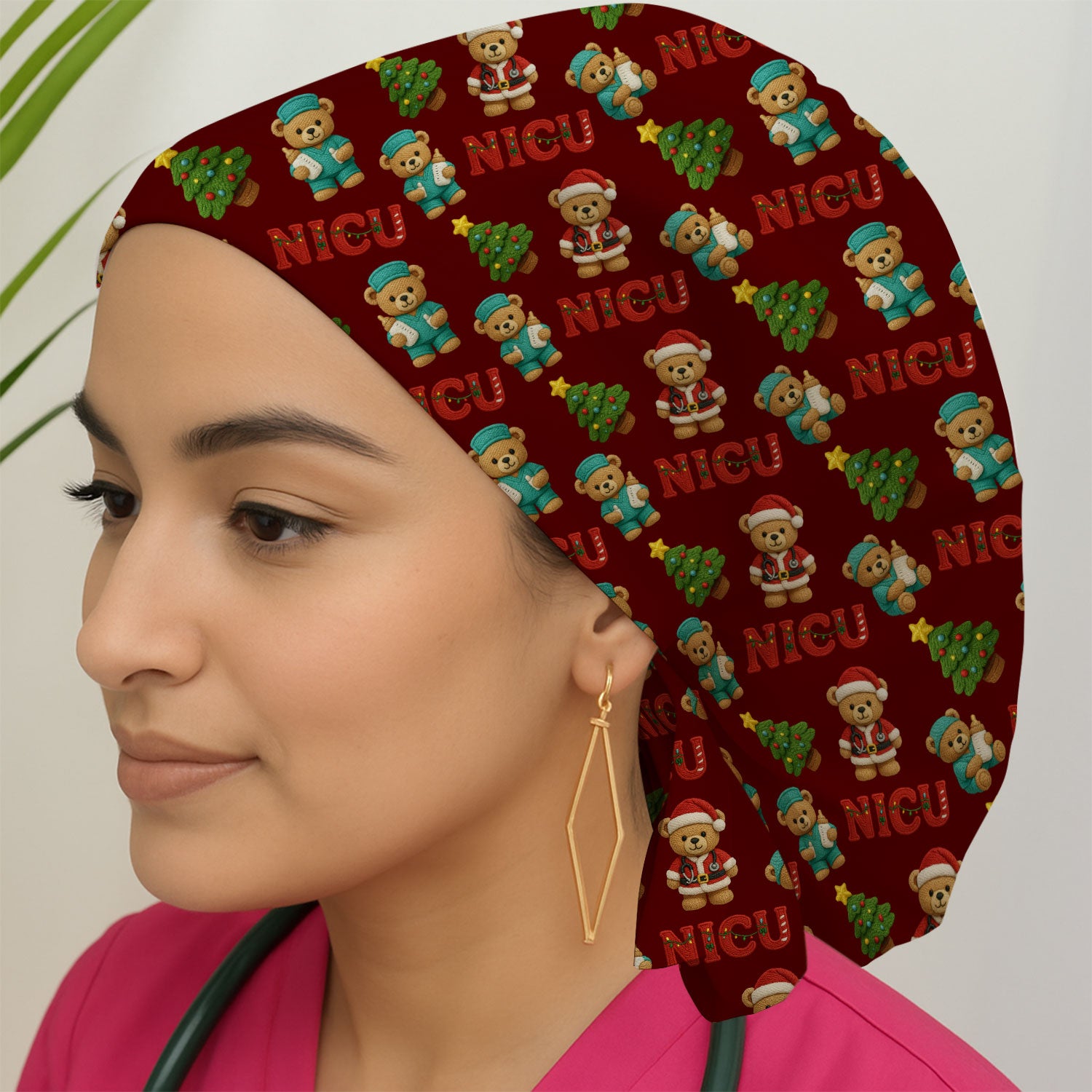 Festive Christmas NICU Nurse Teddy Bear Pattern Print Cap, Bouffant Scrub Caps for Women