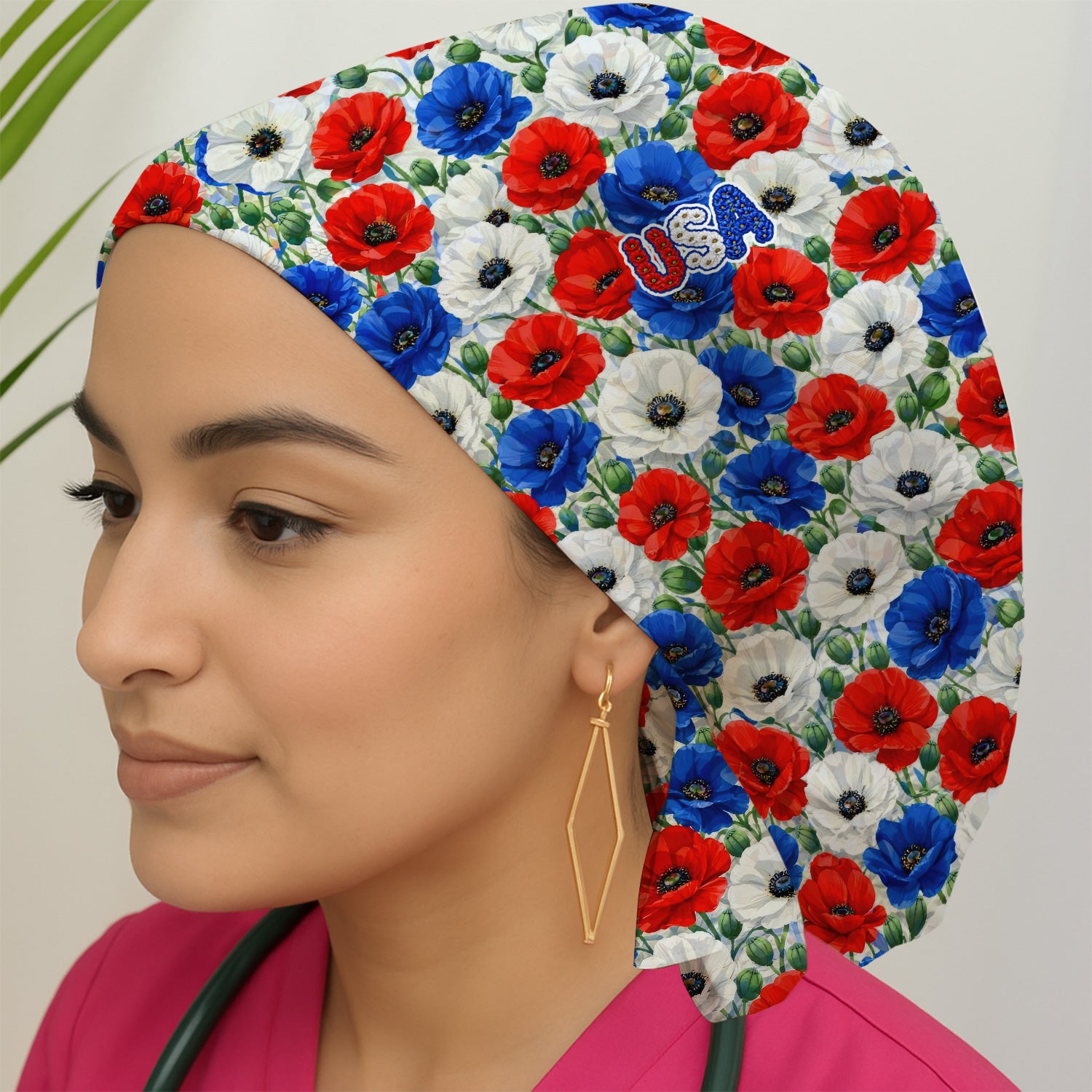 Festive Patriotic Red Blue Poppy Floral Pattern Nurse Scrub Cap, Surgical Caps for Doctors