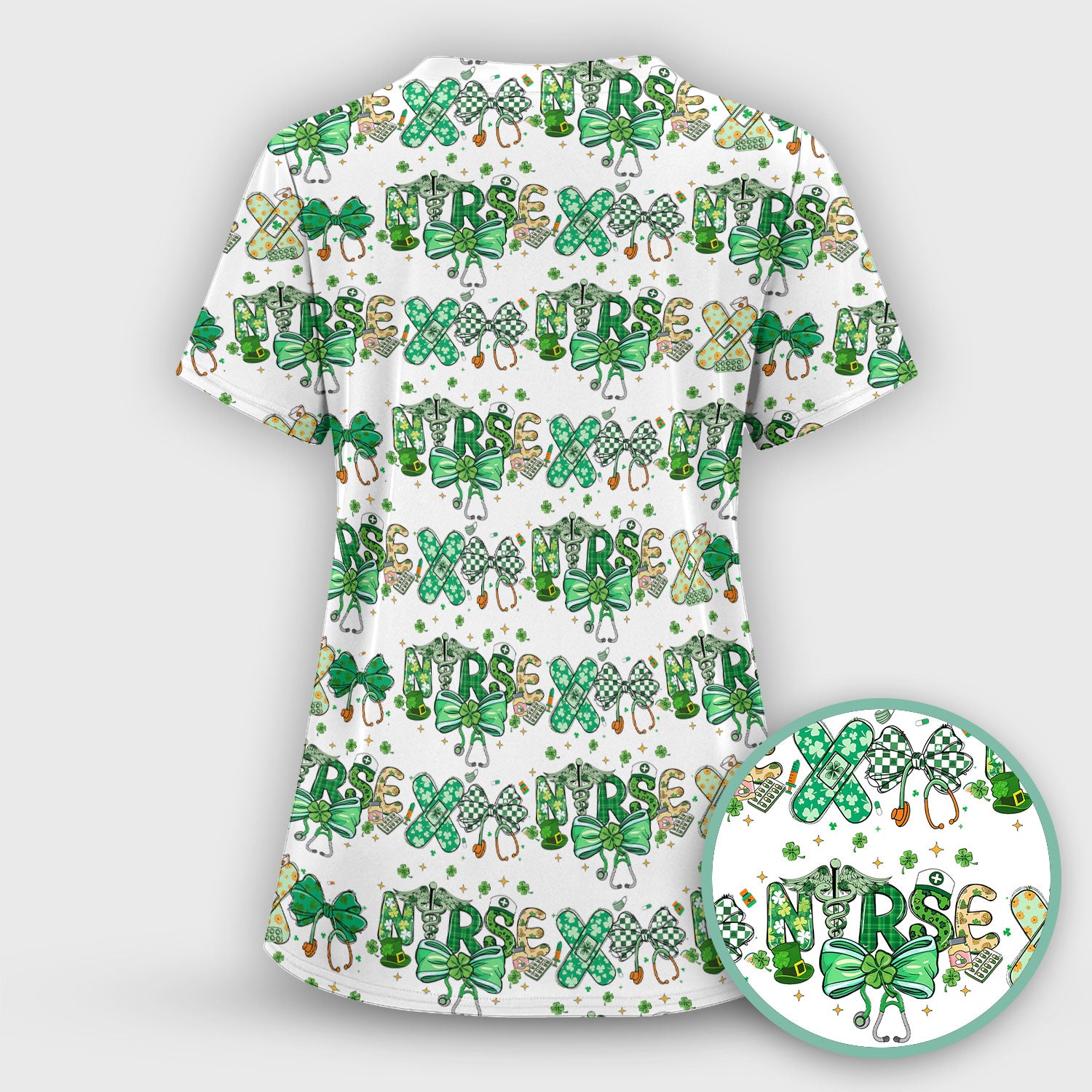 St. Patrick’s Nurse Scrub Top, Lucky Clover And Green Bow Pattern Nurse Shirt, Breathable Fabrics Nursing Uniform