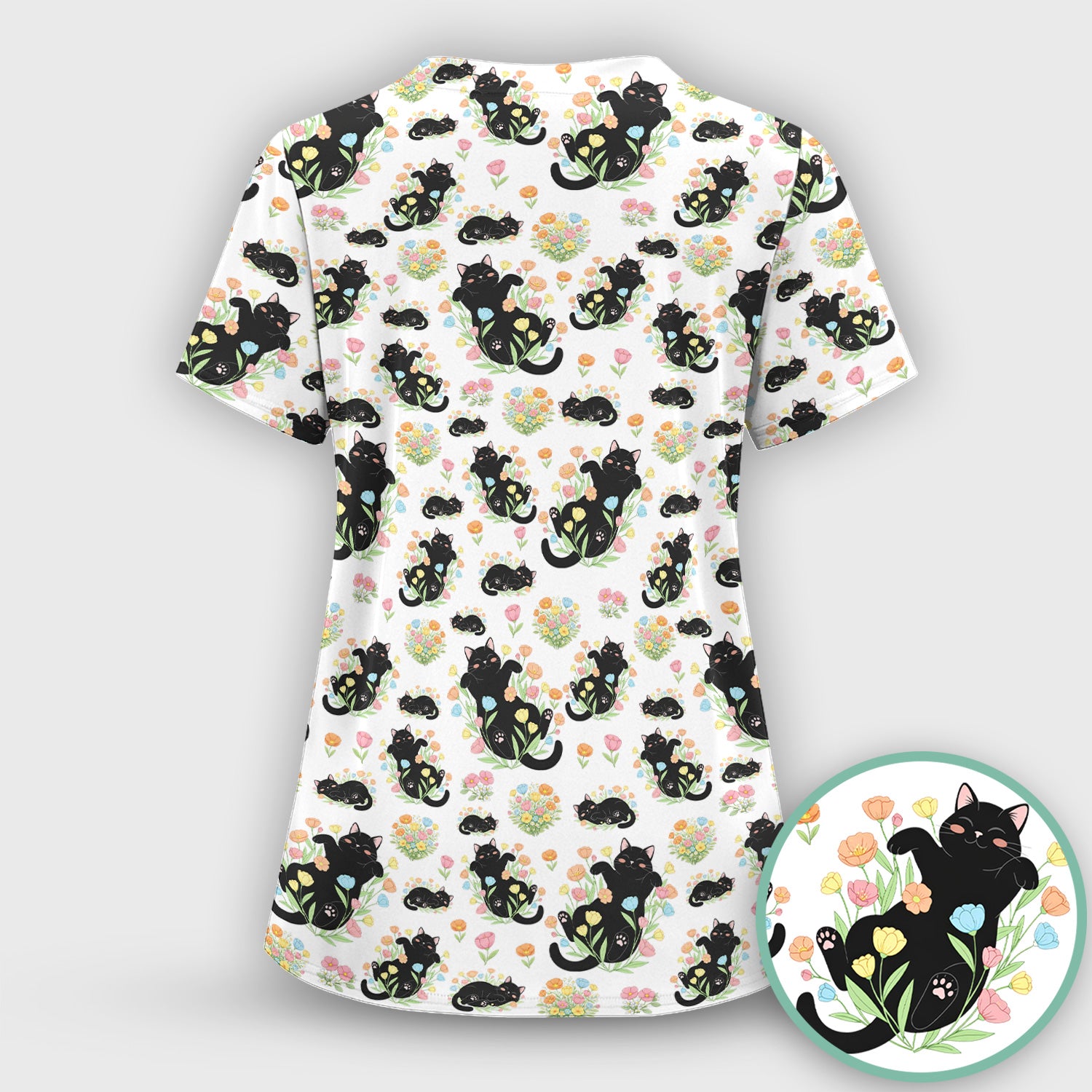 Cats With Cute Poses Floral Pattern Scrubs Top, Comfortable Scrubs for Nurses