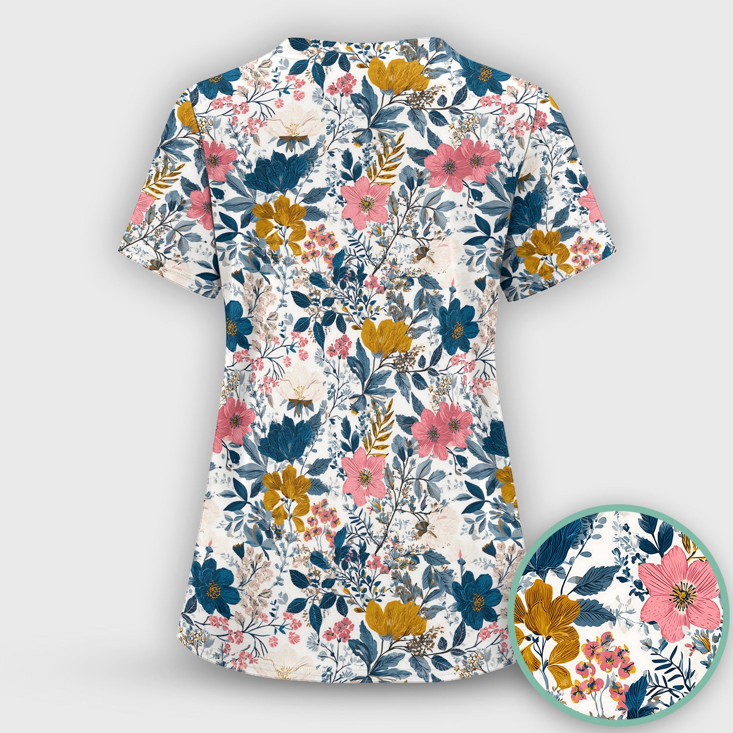 Elegant Floral Garden Bloom Pattern Scrub Set, Scrub Pants and V Neck Top