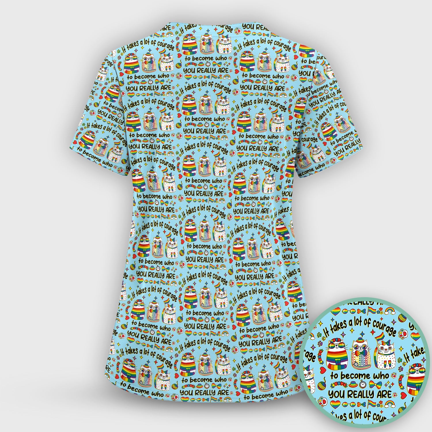 Inspirational Nurse Rainbow Cat Courage Quote Pattern Scrub Top, Breathable Fabrics Nursing Uniform