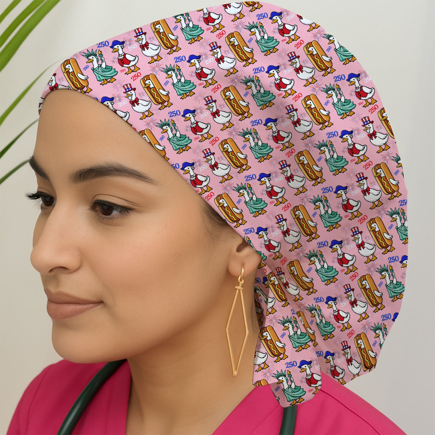 Patriotic Duck Independence Day Pattern Print Cap, Bouffant Scrub Caps for Women