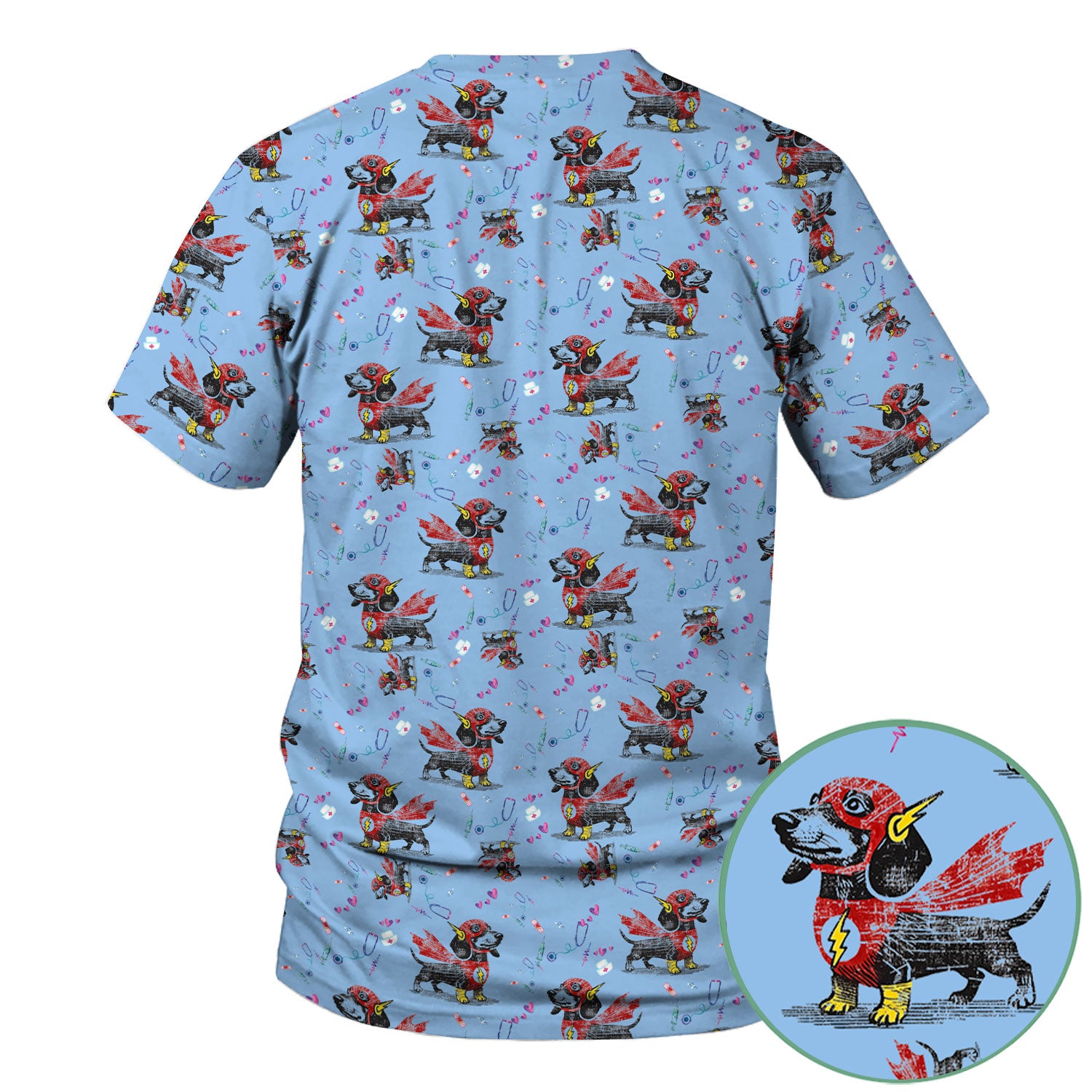 Dachshund Hero Scrub Top for Nurses - Super Nurse Funny Flash Dog Print Medical Uniform Shirt - Cute Sausage Dog Gift for RN CNA LPN