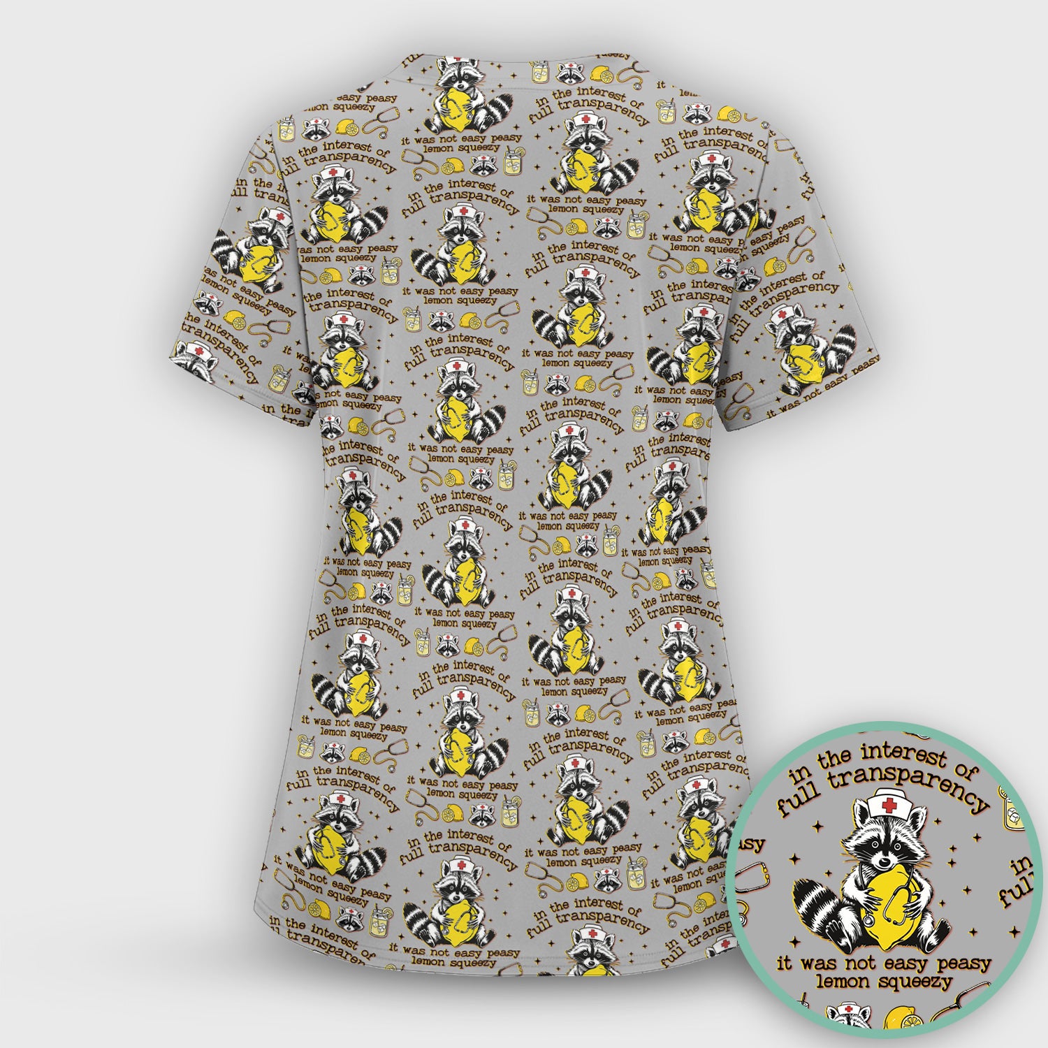 Raccoon Lemon Quote Medical Humor Pattern Scrub Top, Breathable Fabrics Nursing Uniform