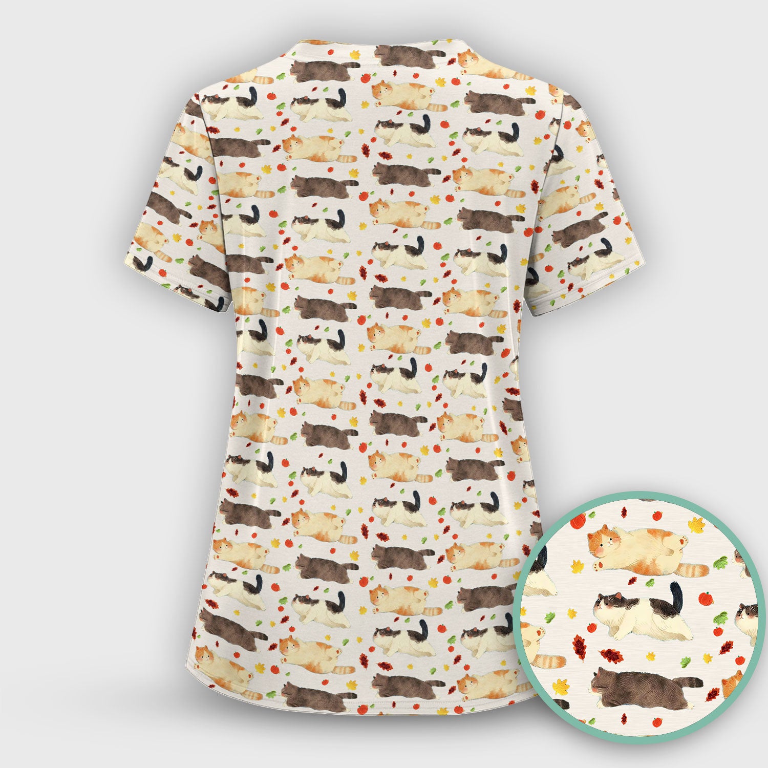 Chubby Cat Autumn Leaves Print Scrub Top, Breathable Fabrics Nursing Uniform