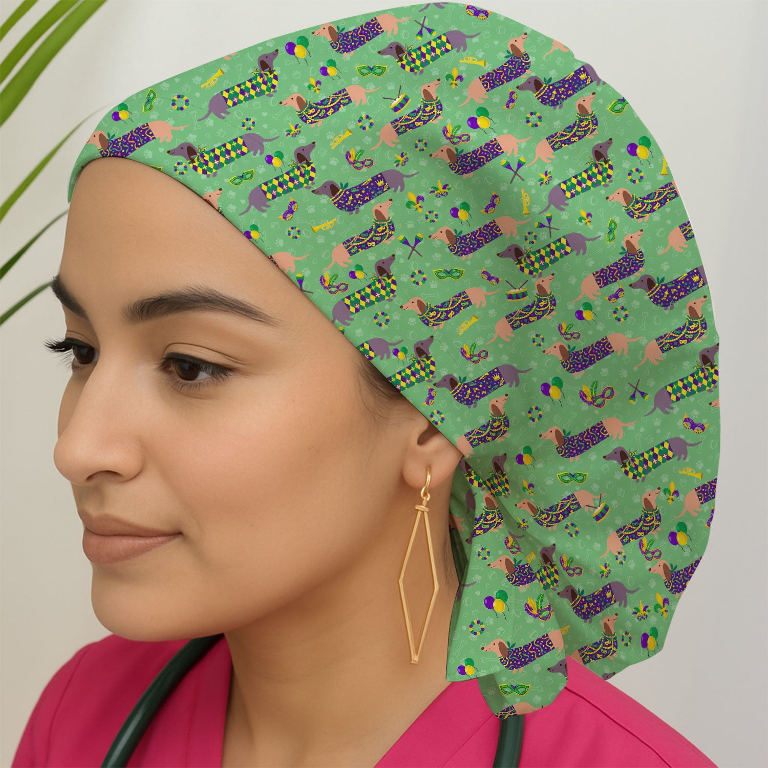 Mardi Gras Dachshund Nurse Scrub Cap, Wiener Dog Holiday Pattern Nurses Hat, Comfortable Uniform Scrubs For Nursing