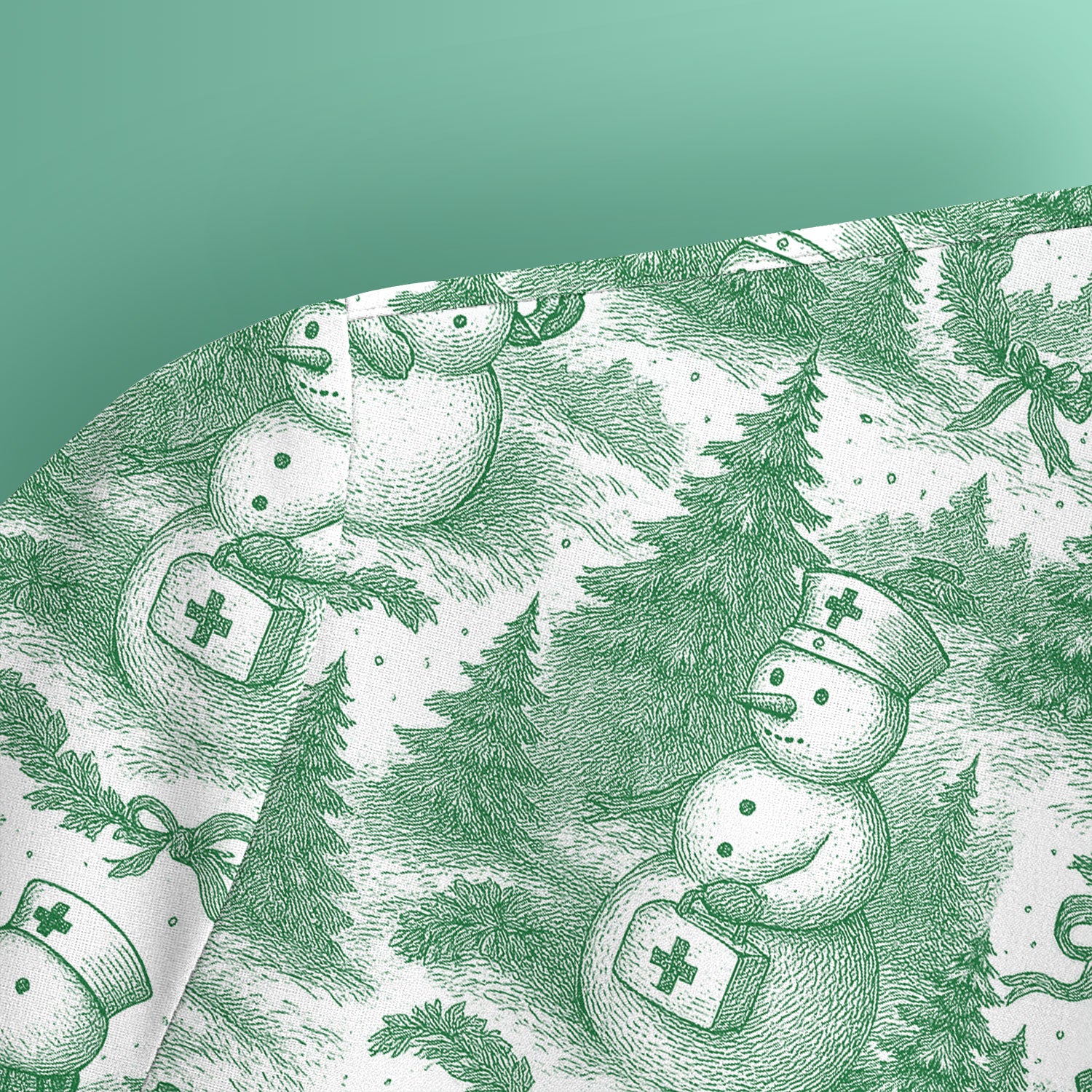 Christmas Scrub Top for Women – Toile de Jouy Snowman and Medical Pattern – Vintage Holiday Nurse Scrubs for Festive Season