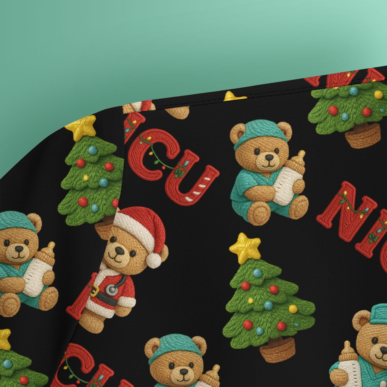 Festive Christmas NICU Nurse Teddy Bear Pattern, Breathable Fabrics Nursing Uniform