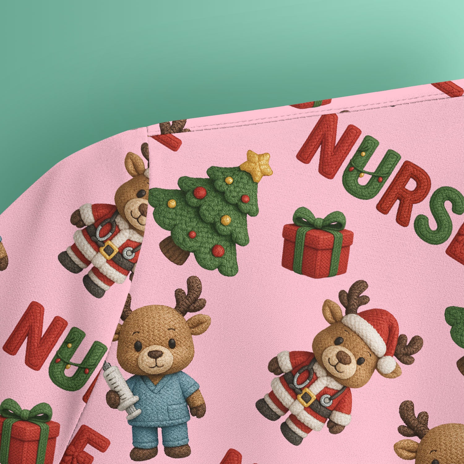 Reindeer Christmas Scrub Top, Cute Holiday Nurse Scrub Shirt, Festive Pattern Nursing Uniform
