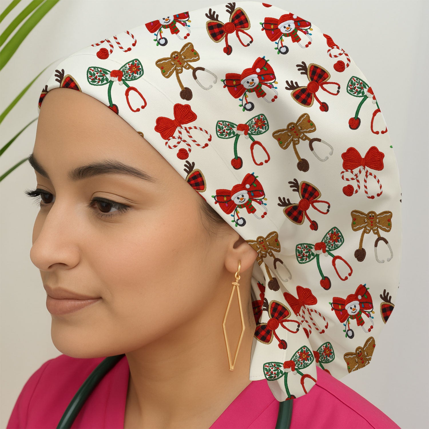 Christmas Stethoscope Bow Nurse Scrub Cap, Xmas Pattern Scrub Hat, Holiday Nursing Uniform