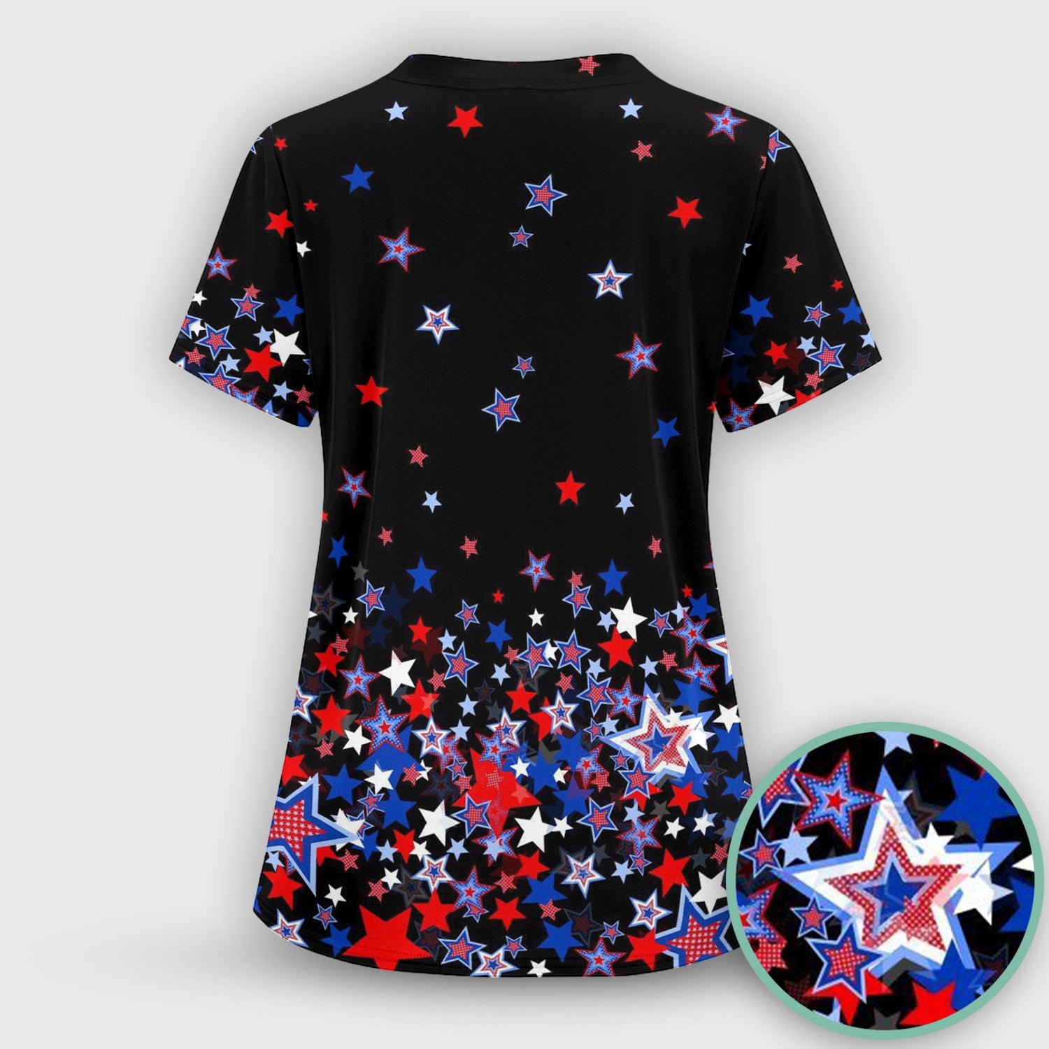 Festive Patriotic Red Blue Star Pattern Scrub Set, Scrub Pants and V Neck Top