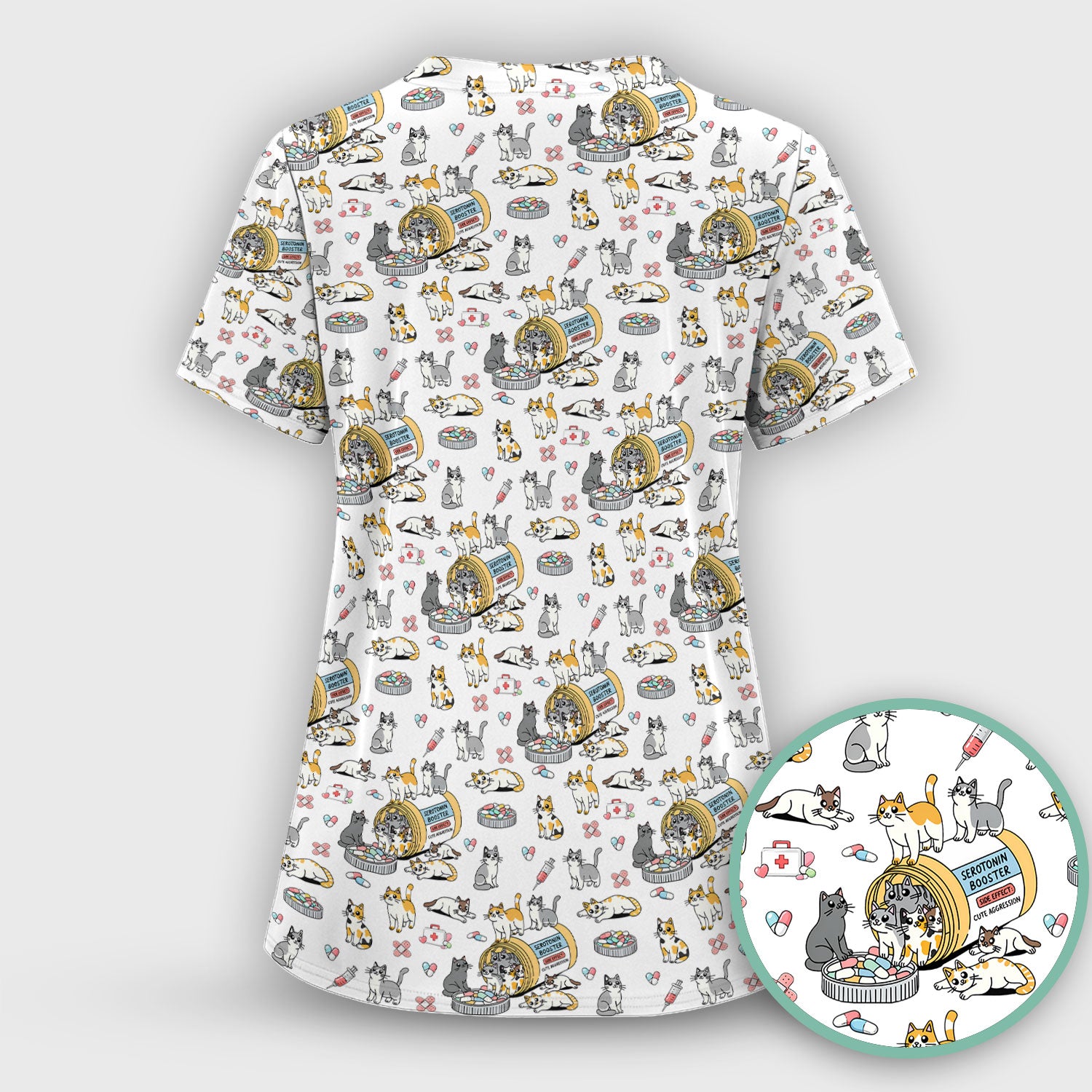 Cute Cat Serotonin Booster Pattern Scrub Top, Comfortable Scrubs for Nurses