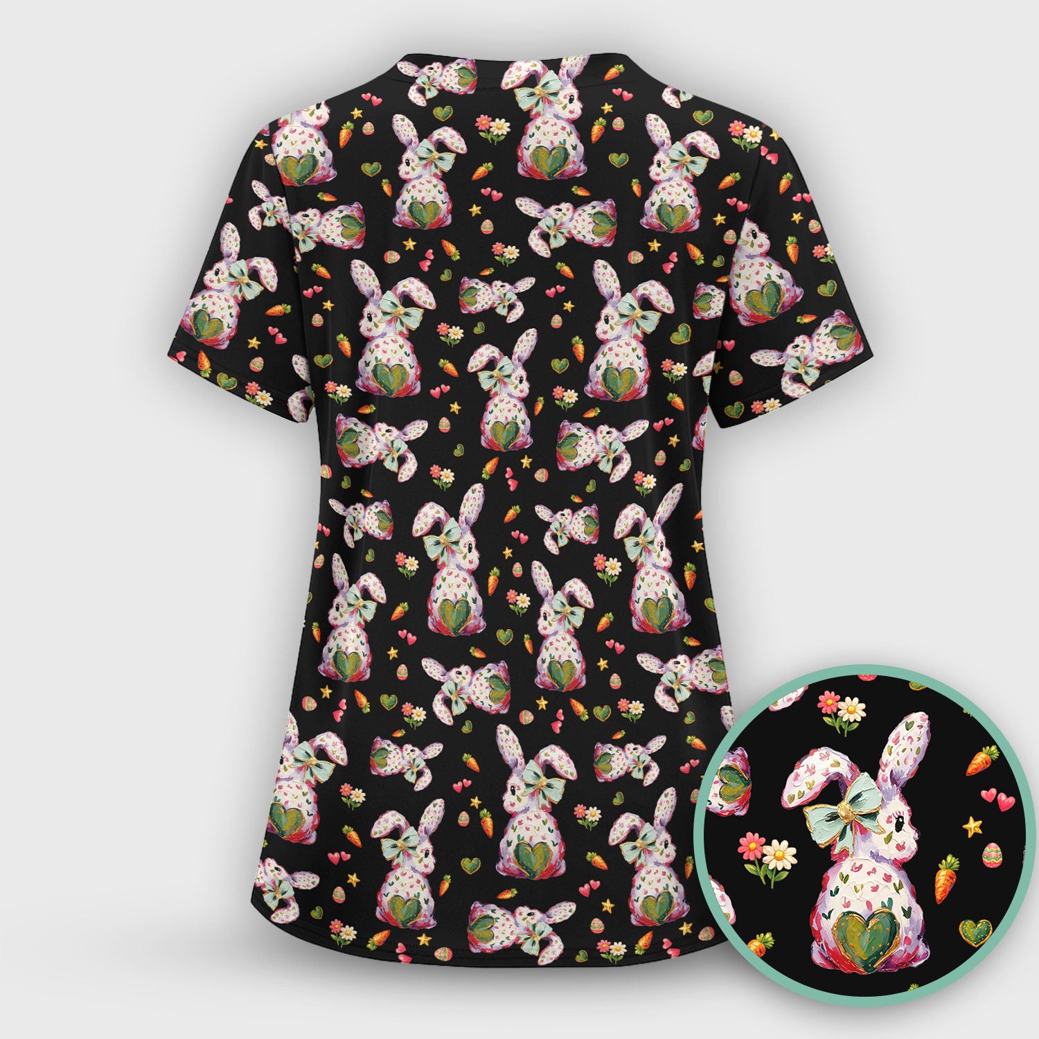 Cute Pastel Bunny Easter Pattern Scrub Top, Comfortable Scrubs for Nurses