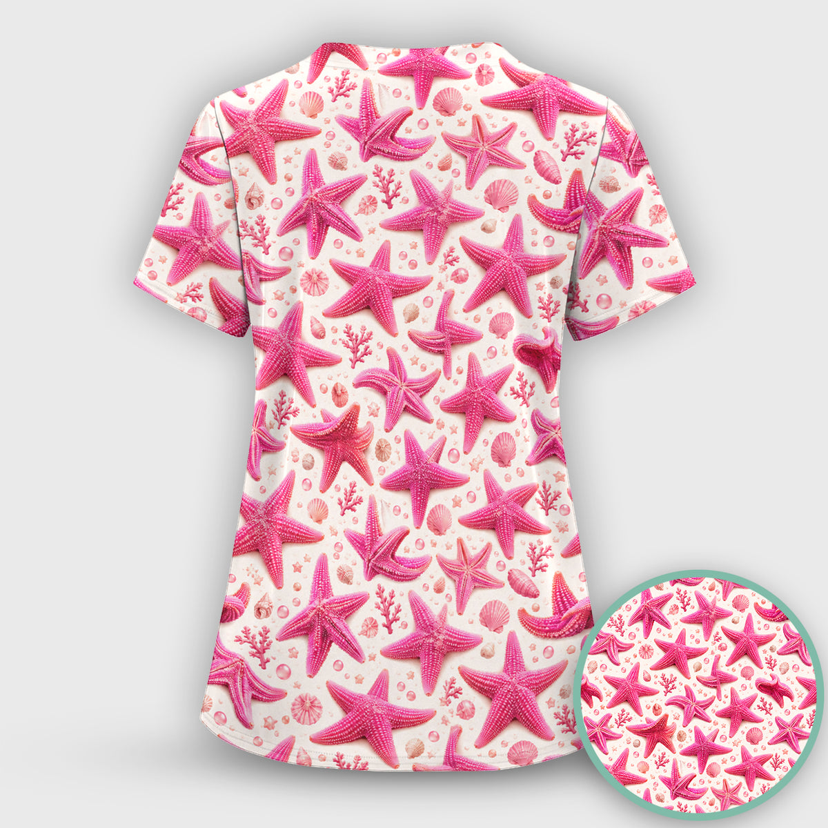 Pink Starfish And Seashell Pattern Scrub Top, Comfortable Scrubs for Nurses
