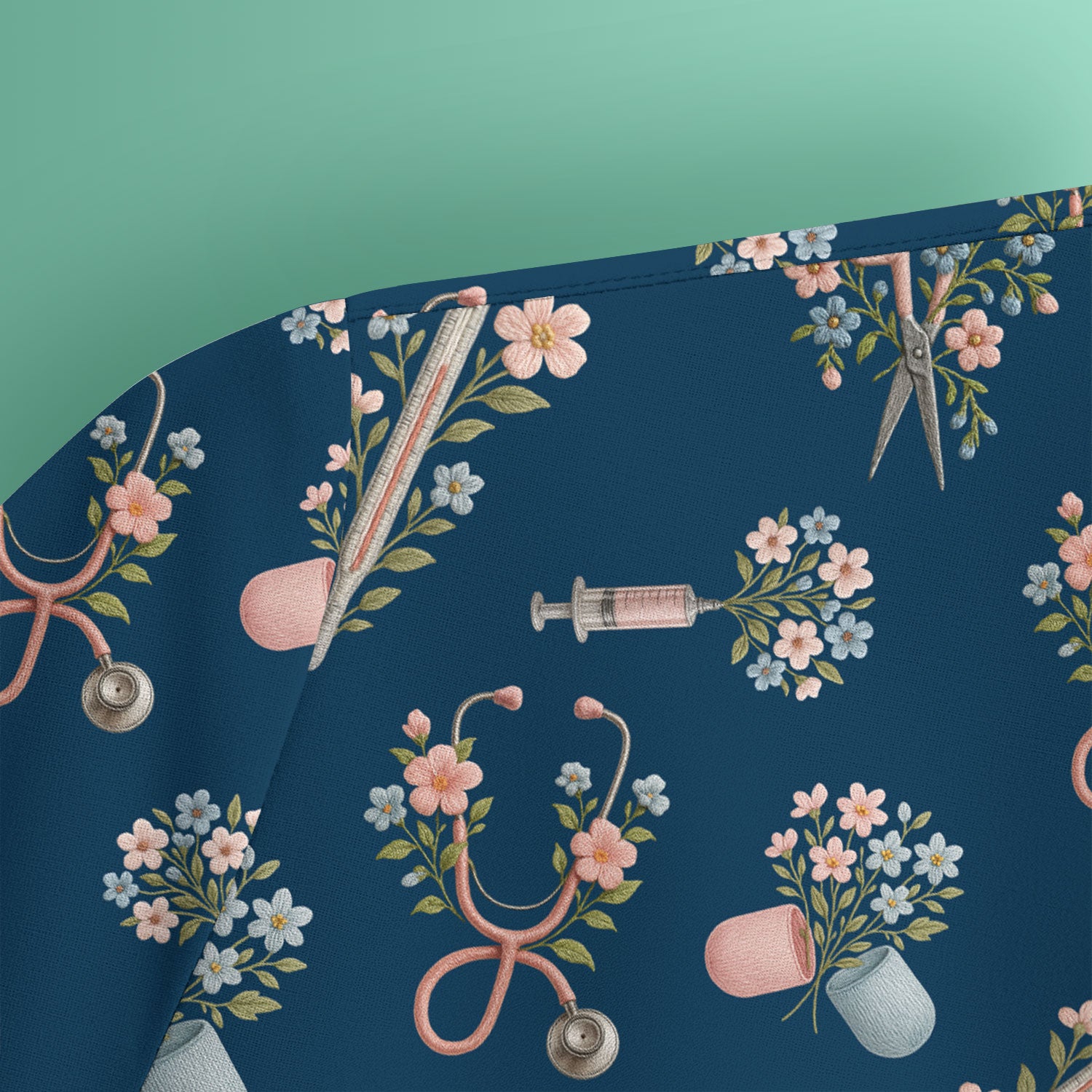 Floral Medical Scrub Top, Elegant Stethoscope With Flower Nursing Shirt, Breathable Fabrics Nurse Uniform