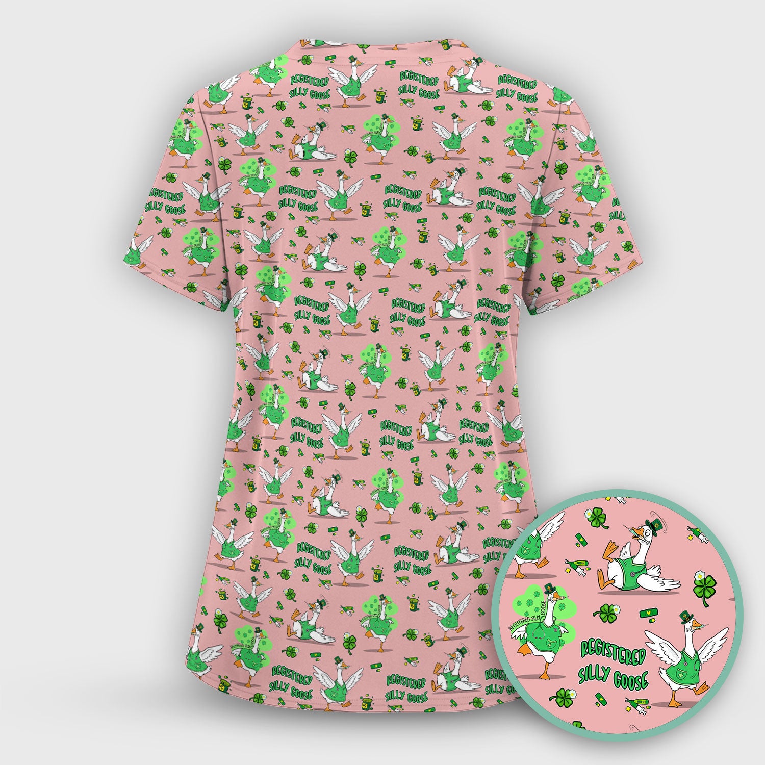 Silly Goose St. Patrick’s Day Scrub Top, Funny Goose Shamrock Pattern Nurse Scrub Shirt, Irish Green Nursing Uniform