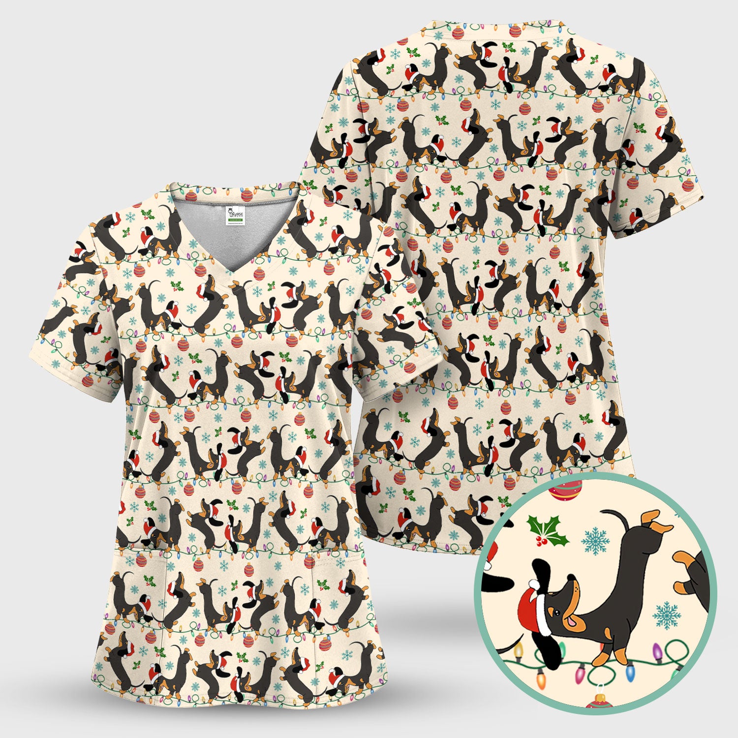Christmas Dachshund Scrub Top - Cute Wiener Dog Holiday Nurse Shirt for Women - Festive Medical Uniform for RN CNA LPN