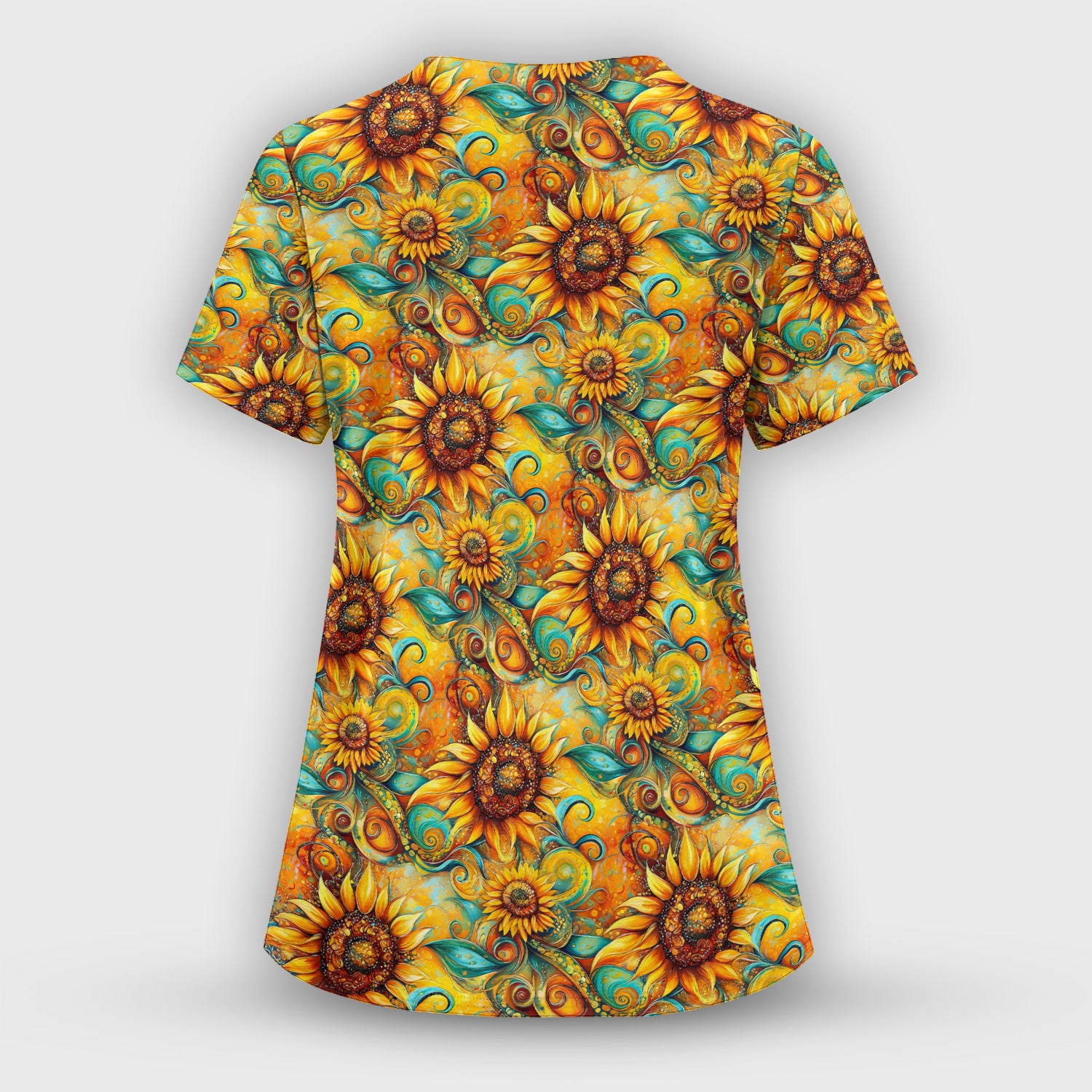 Sunflower Swirl Floral Pattern Scrub Set, Scrub Pants and V Neck Top