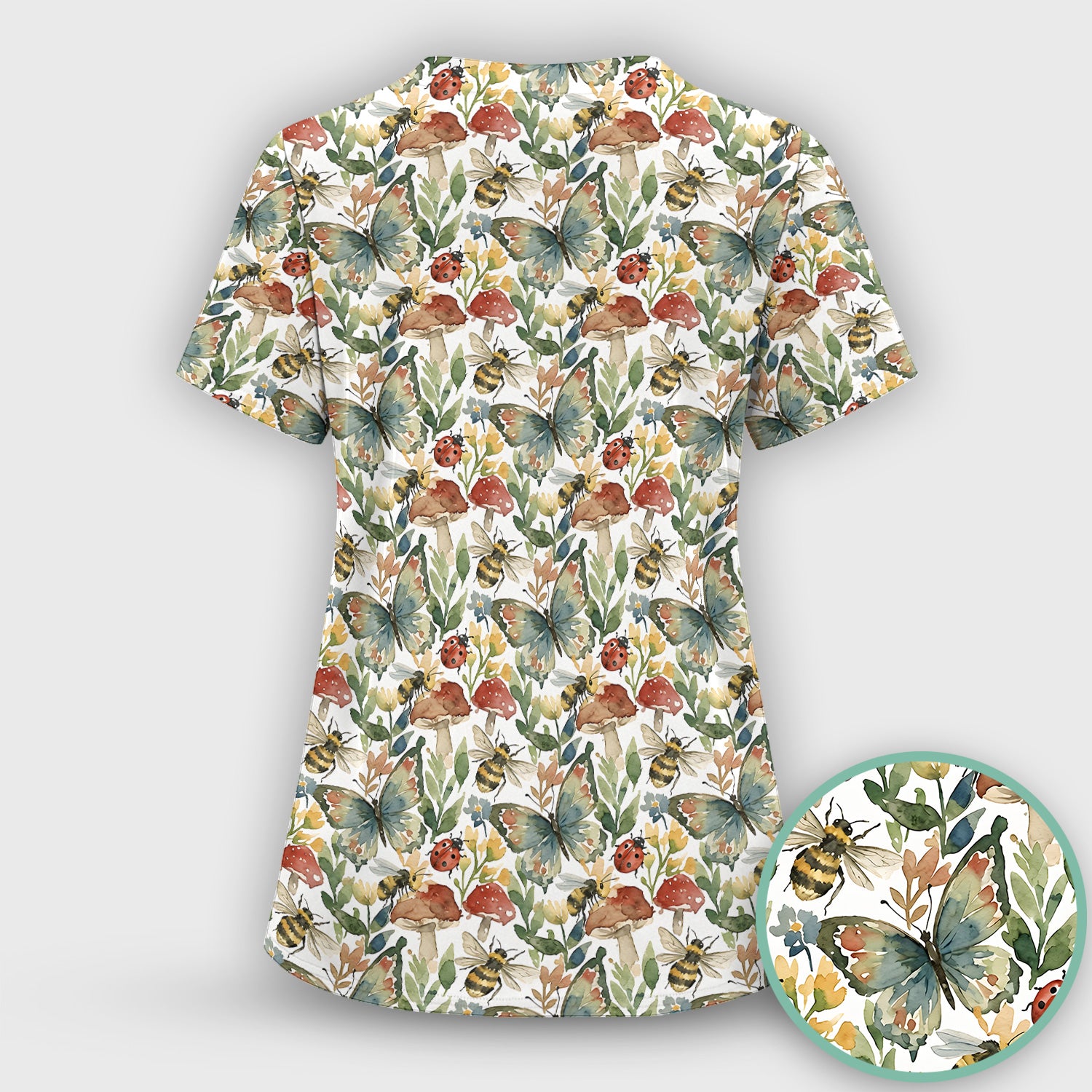 Butterfly Bee With Floral Mushroom Scrub Set, Scrub Pants and V Neck Top
