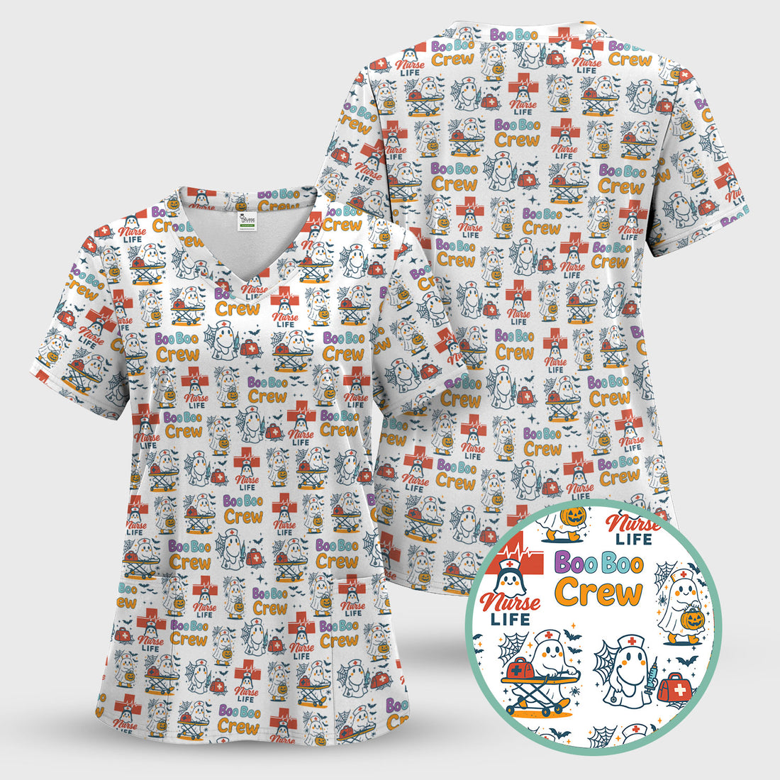 Funny Nurse Halloween Scrub Top - Boo Boo Crew Ghost & Pumpkin Pattern - Gift for ER LPN CNA Nurses