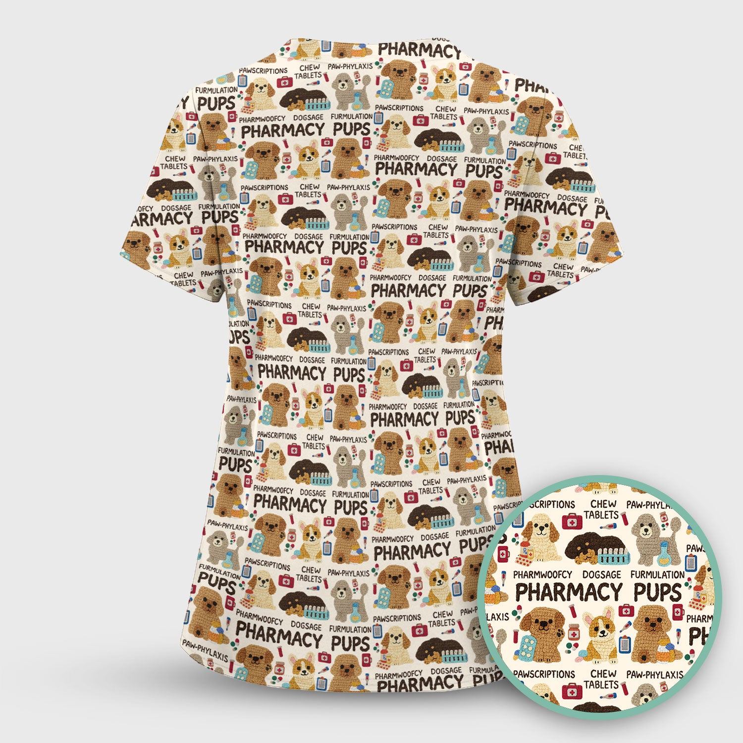 Pharmacy Pups Scrub Top for Women - Cute Dog Pattern Medical Shirt for Pharmacists & Vet Techs - Fun Blue Pharmacy Nurse Uniform