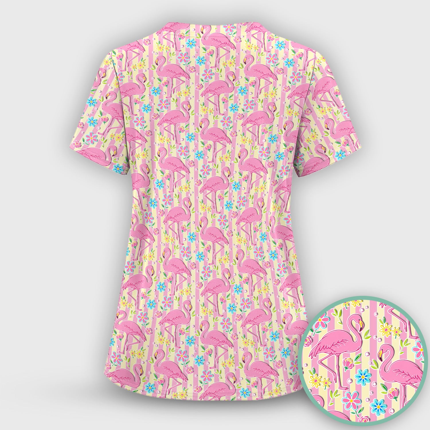 Pink Flamingo Flower Stripe Pattern Scrub Top, Comfortable Scrubs for Nurses