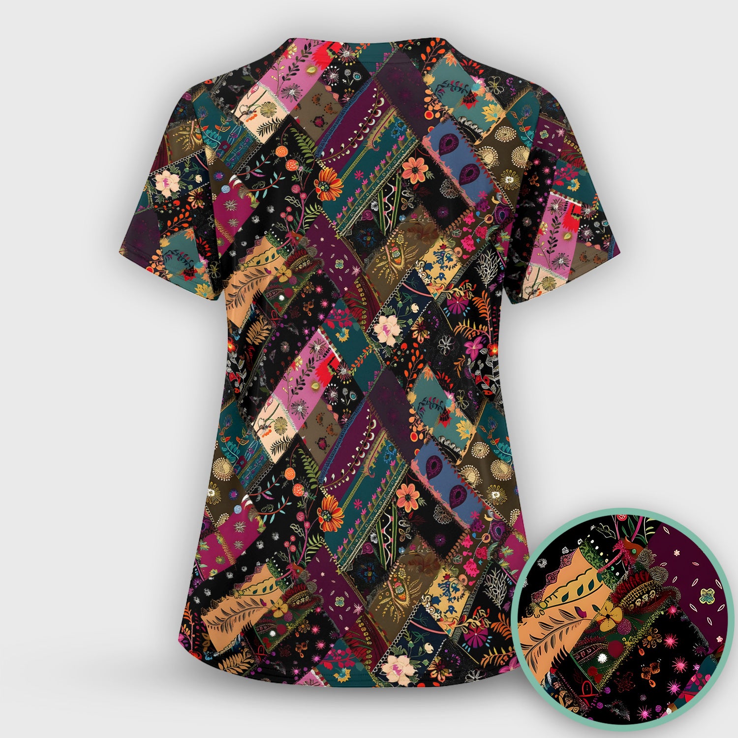 Colorful Bohemian Floral Patchwork Scrub Set, Scrub Pants and V Neck Top